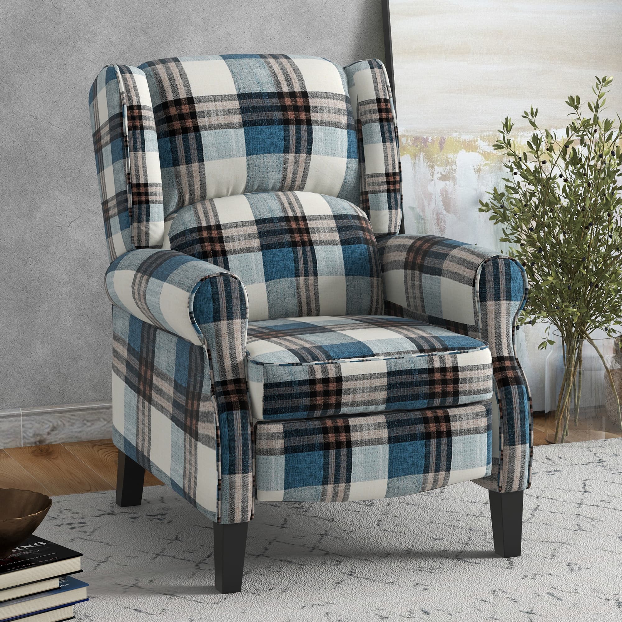 Effortless Comfort: Blue Checked Wingback Recliner Chair - image 1