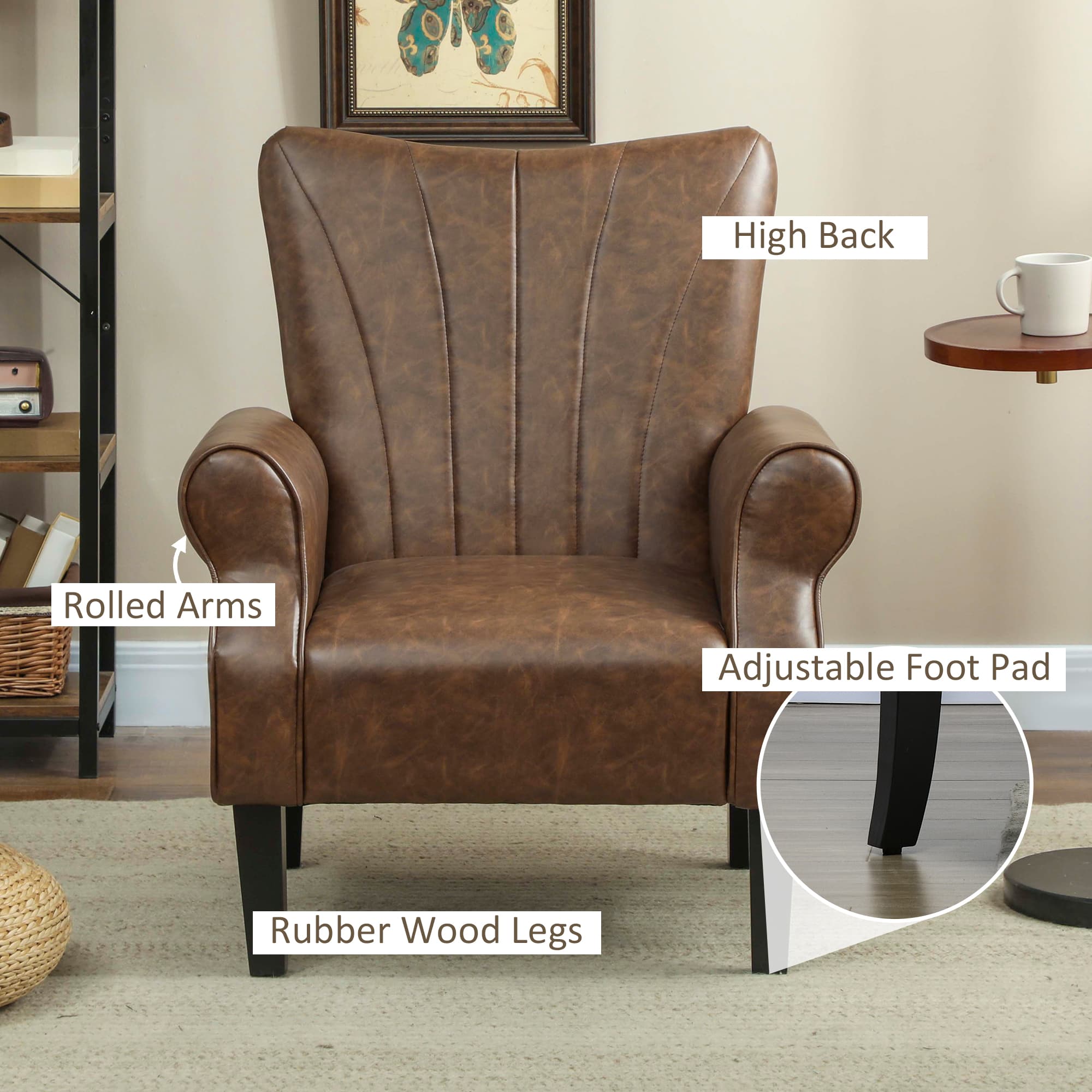 Channel-Back Accent Chair in Brown PU Leather - image 8