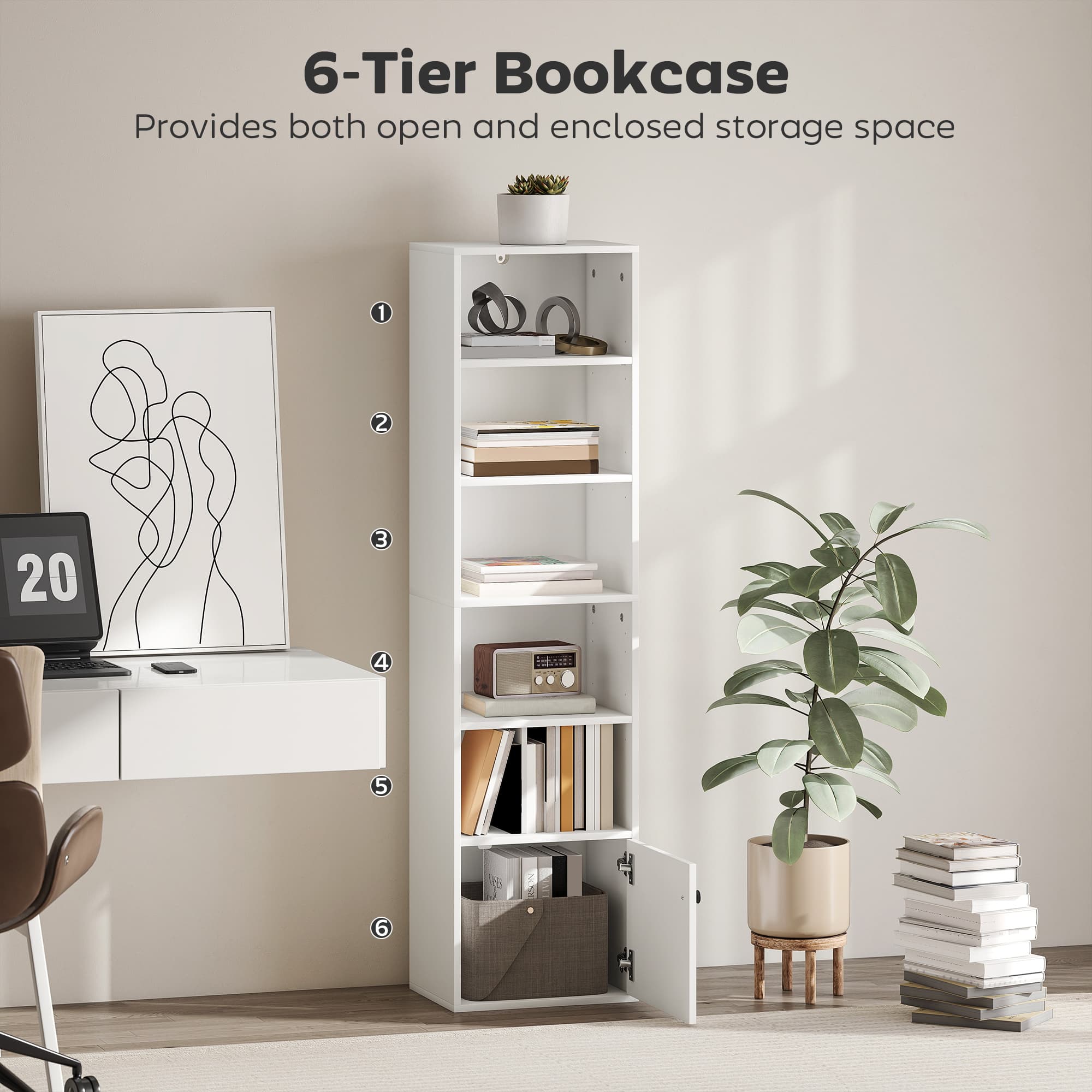 Transform Your Space with this Slim White 6-Tier Bookcase - image 3