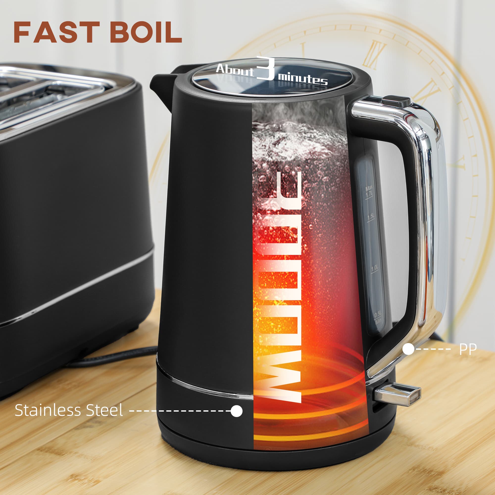 Black 1.7L Kettle and 2 Slice Toaster Set - image 4