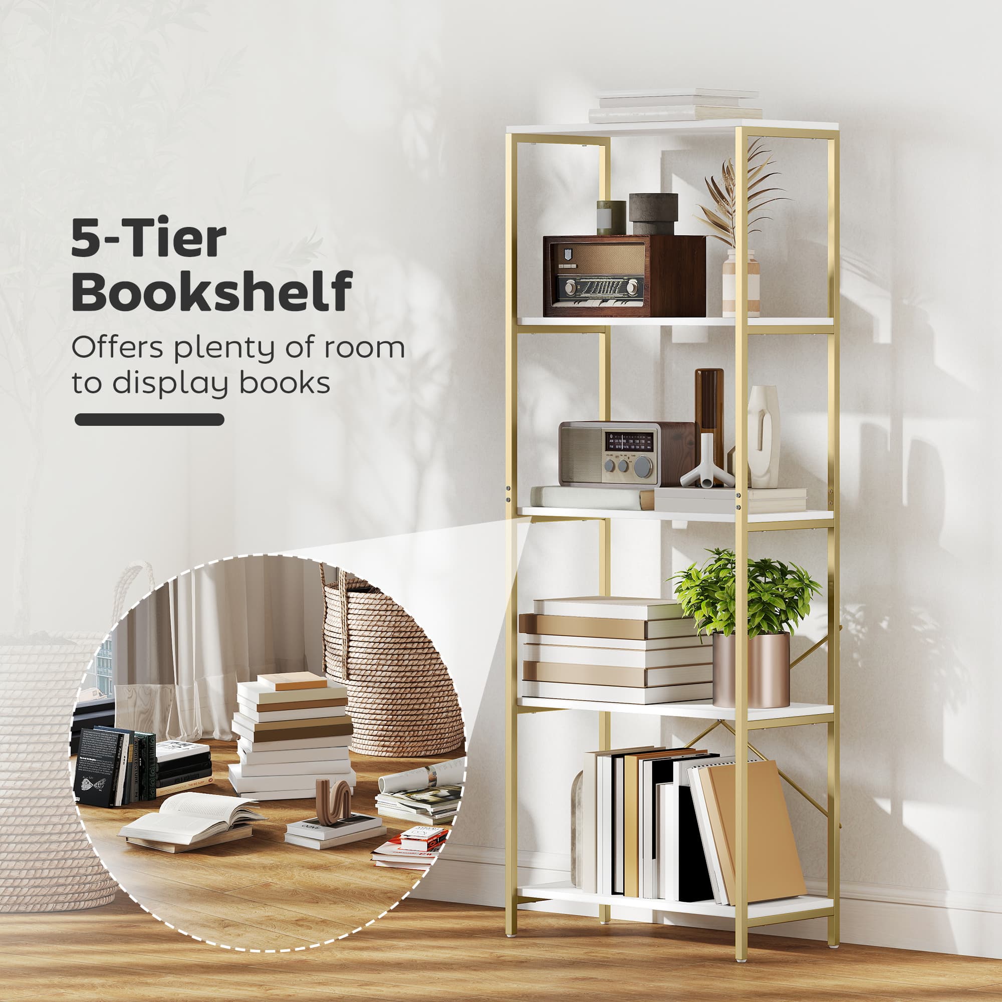 Modern White & Gold 5-Tier Bookshelf for Effortless Storage - image 3