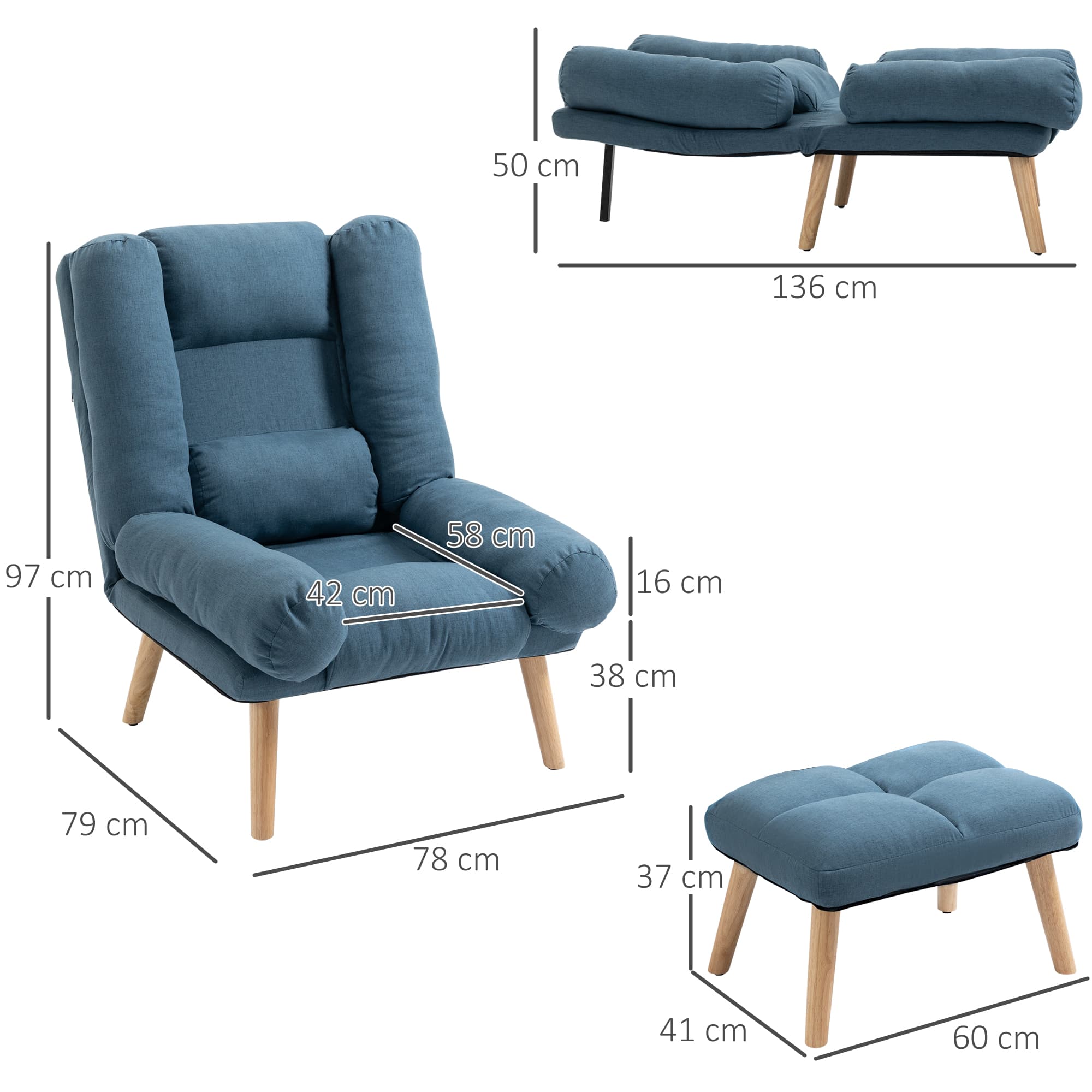 Premium Blue Reclining Armchair and Matching Footstool - image 1