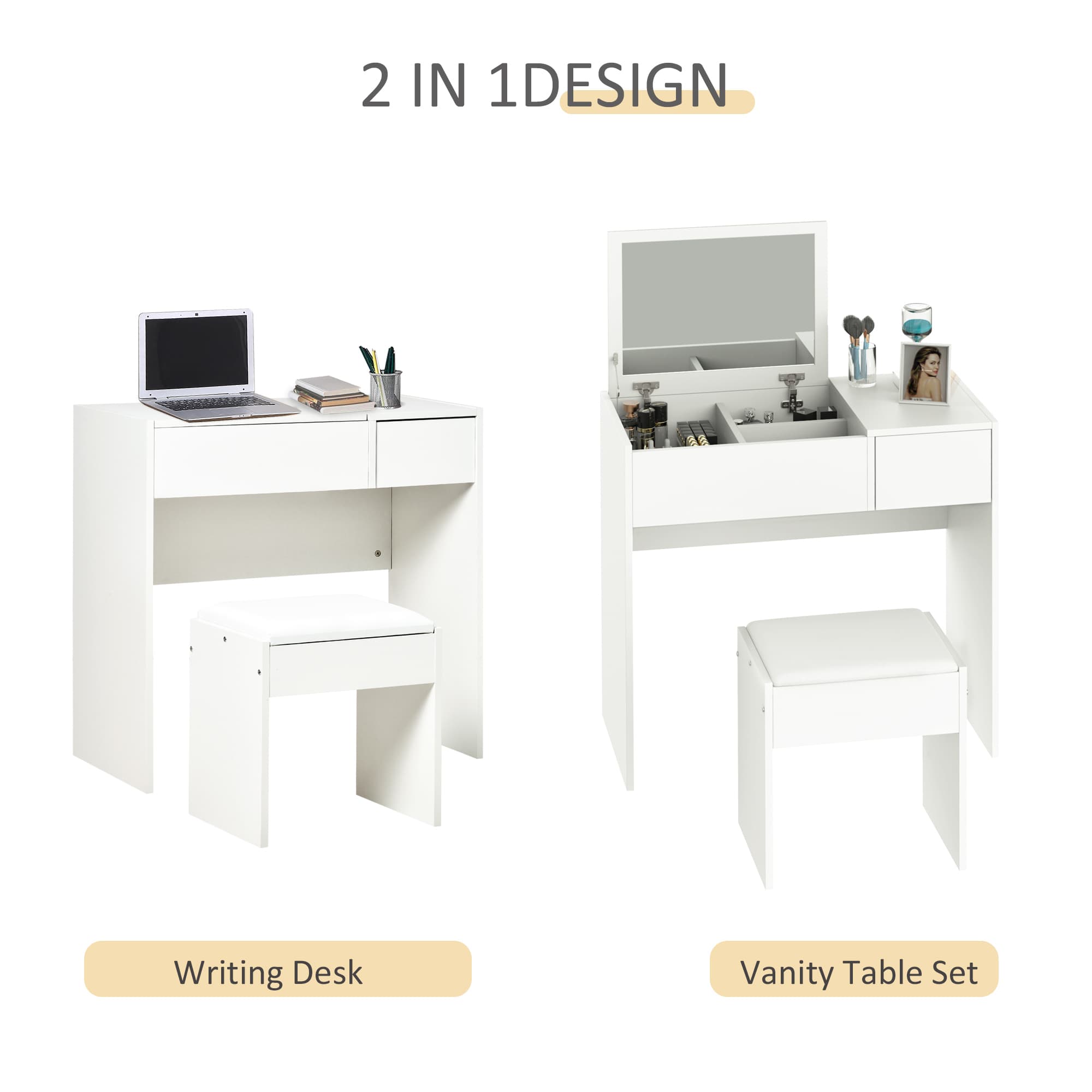 Elegant White Vanity Table Set with Concealed Flip-Up Mirror - image 4