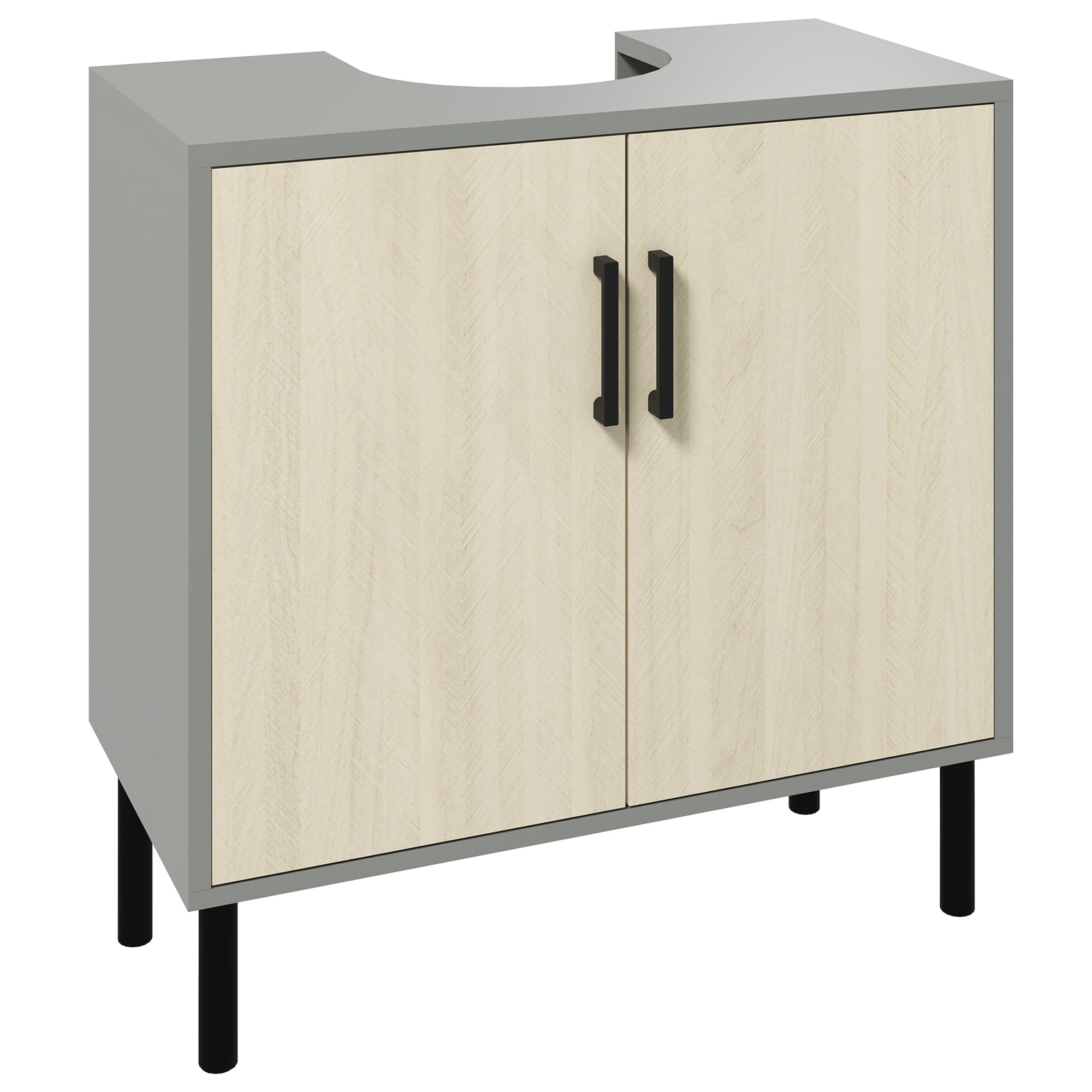 Grey and oak under sink cabinet for bathroom storage - Natural wood finish