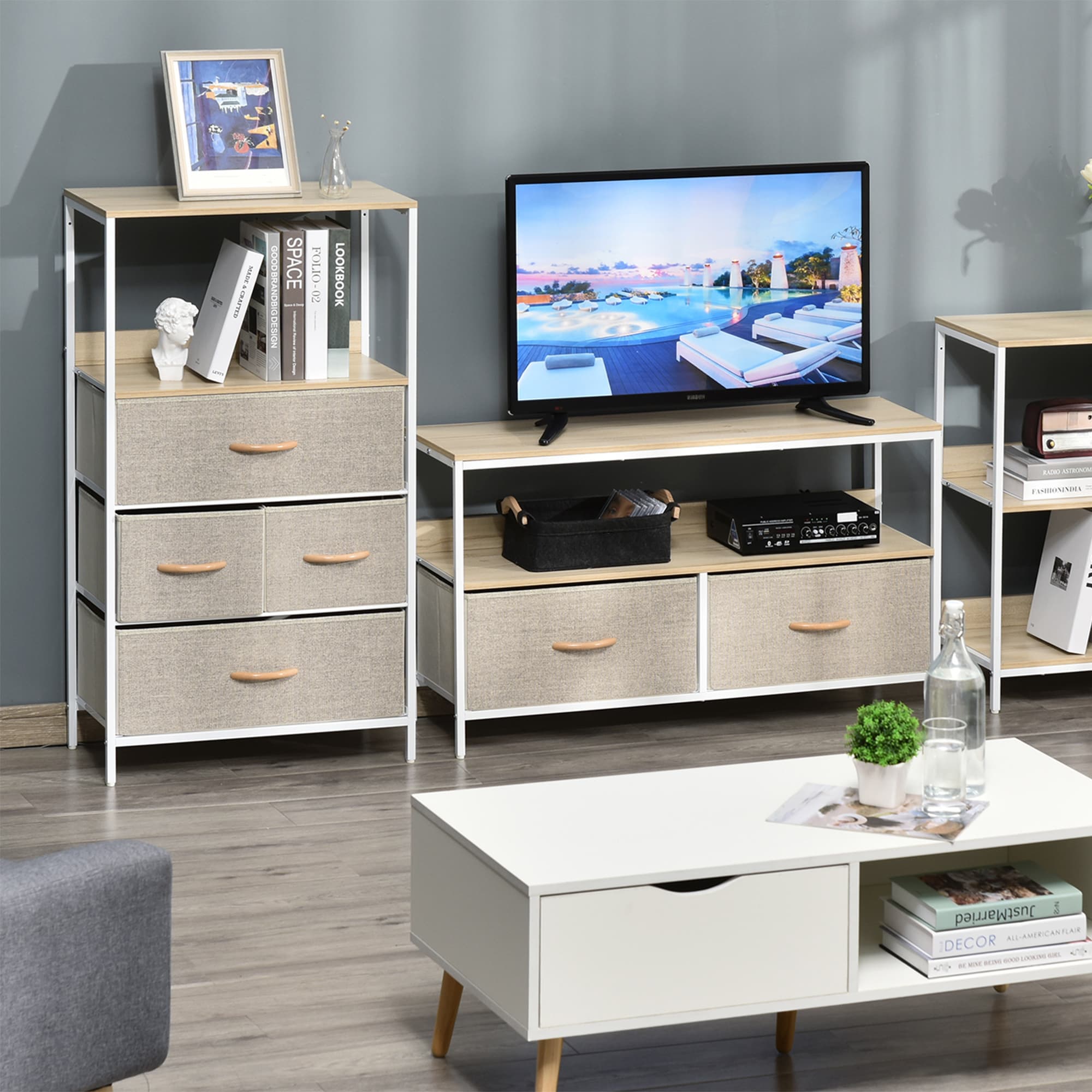 Metal-Framed Storage Unit with Fabric Drawers and Open Shelves - image 6