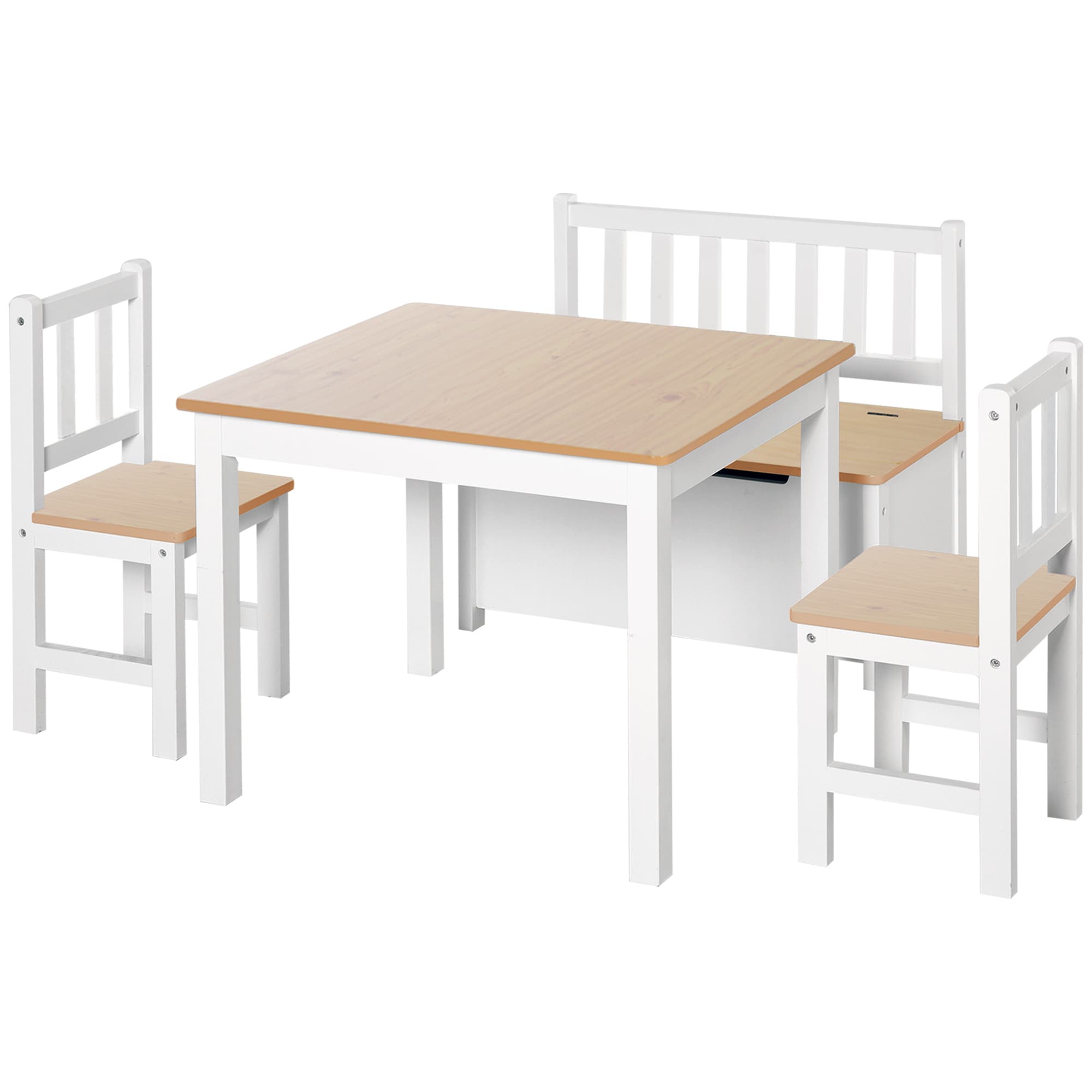 Kids 4-Piece Wooden Table Set with Clever Bench Storage - Beige
