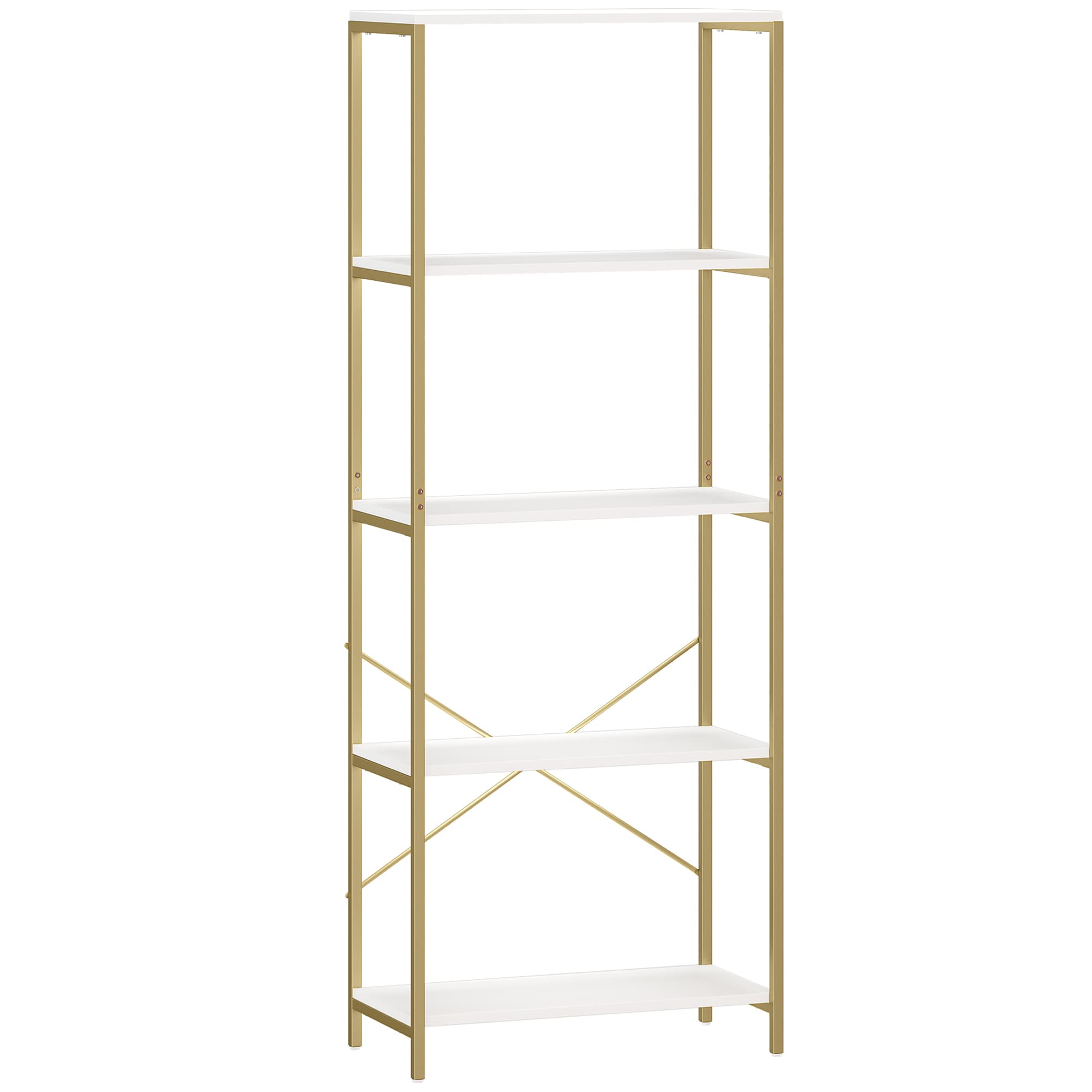 Modern White & Gold 5-Tier Bookshelf for Effortless Storage - White and Gold Tone