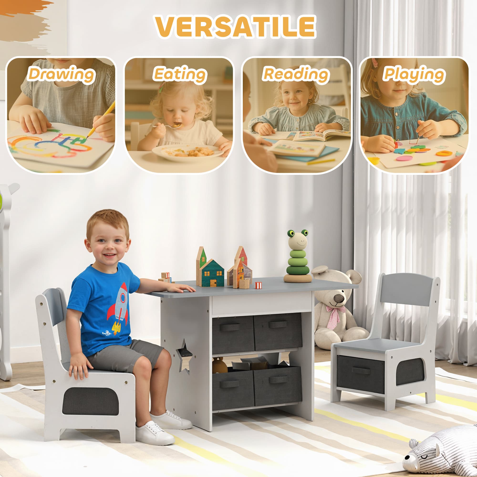 Light Grey Kids Table and 2 Chairs Set with Storage - image 4