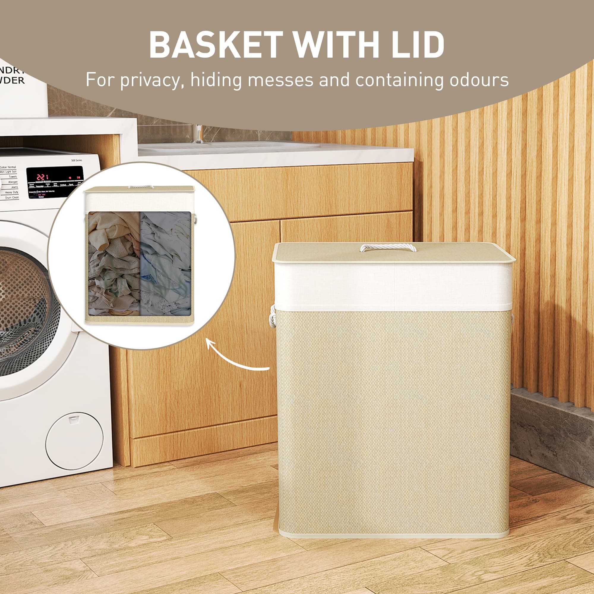 Double Laundry Hamper with Lid, 100L and Rope Handles - image 7