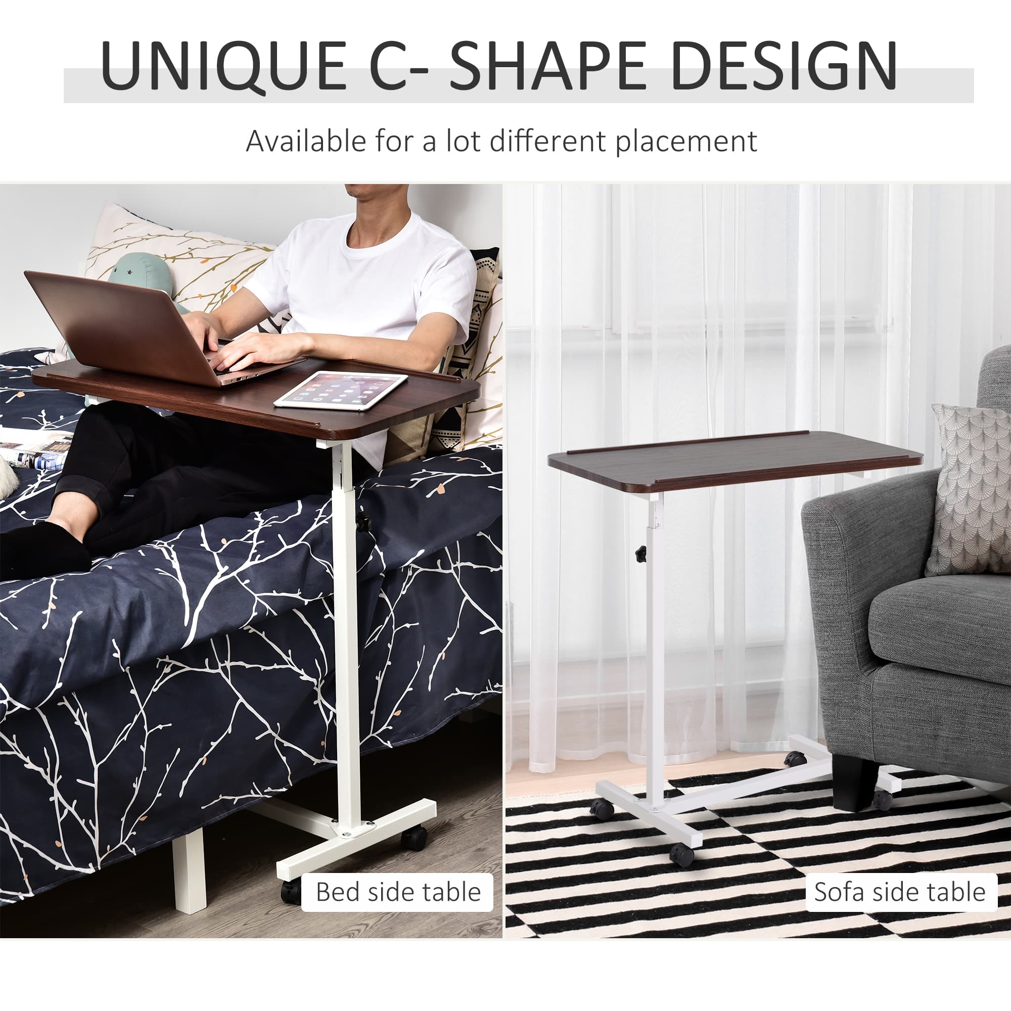 Height Adjustable Over-Bed Table on Wheels — Dark Brown Top, White Frame - image 8