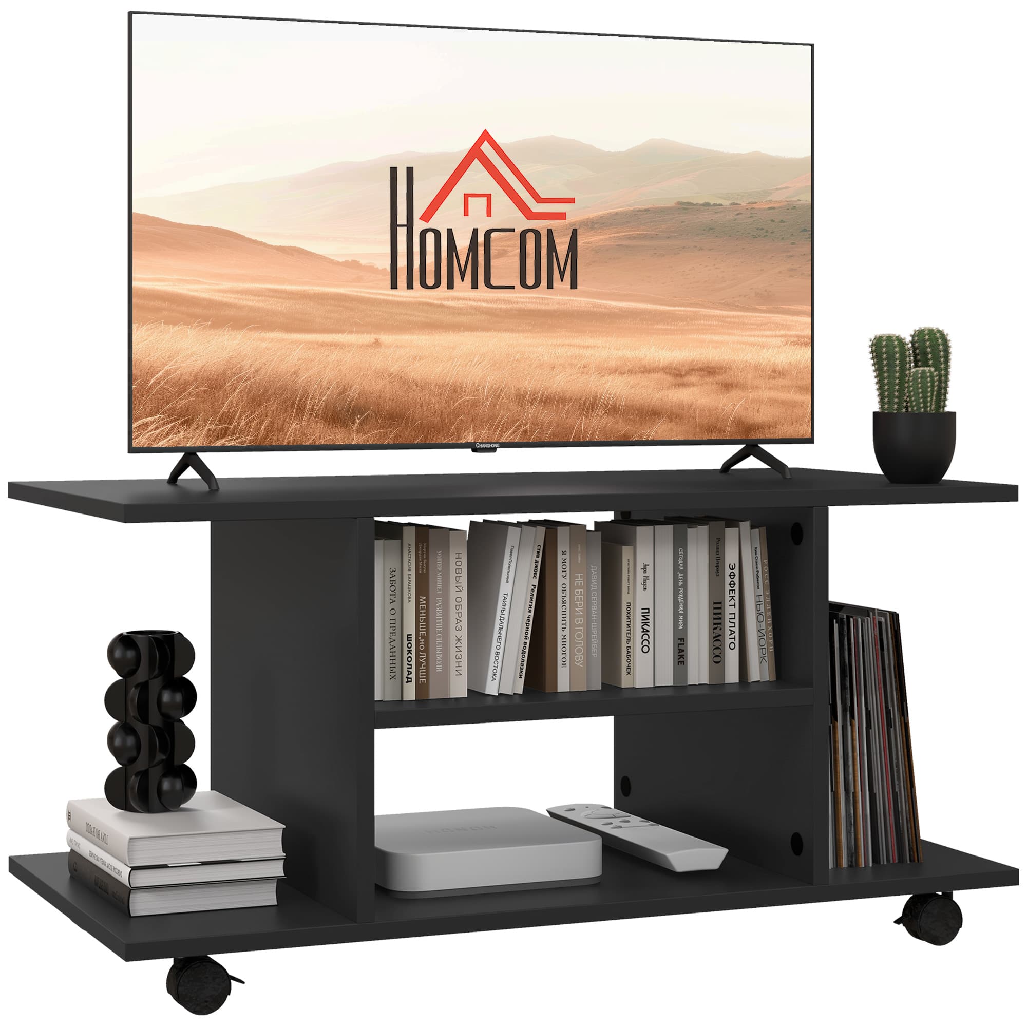 Mobile TV Stand with Open Storage Shelves and Braked Wheels - image 7