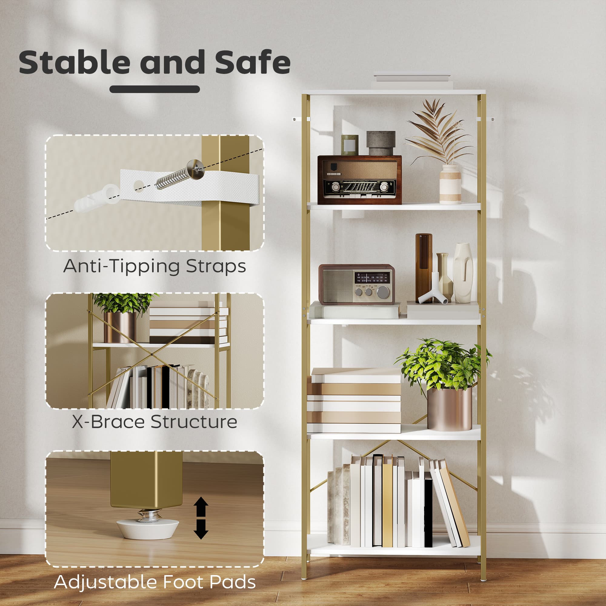Modern White & Gold 5-Tier Bookshelf for Effortless Storage - image 5