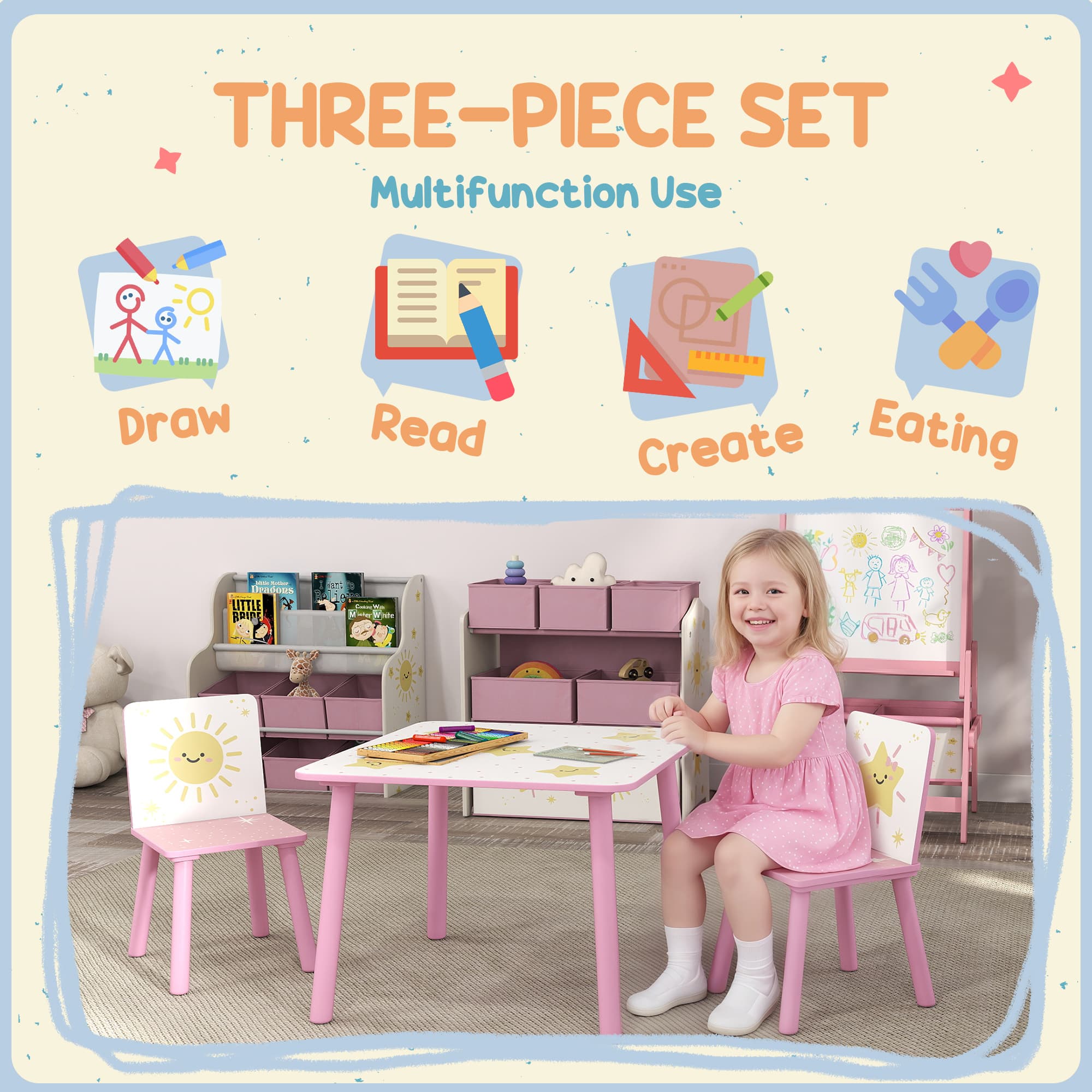 3-Piece Pink Children's Table and Chair Set with Star and Sun Motifs - image 6