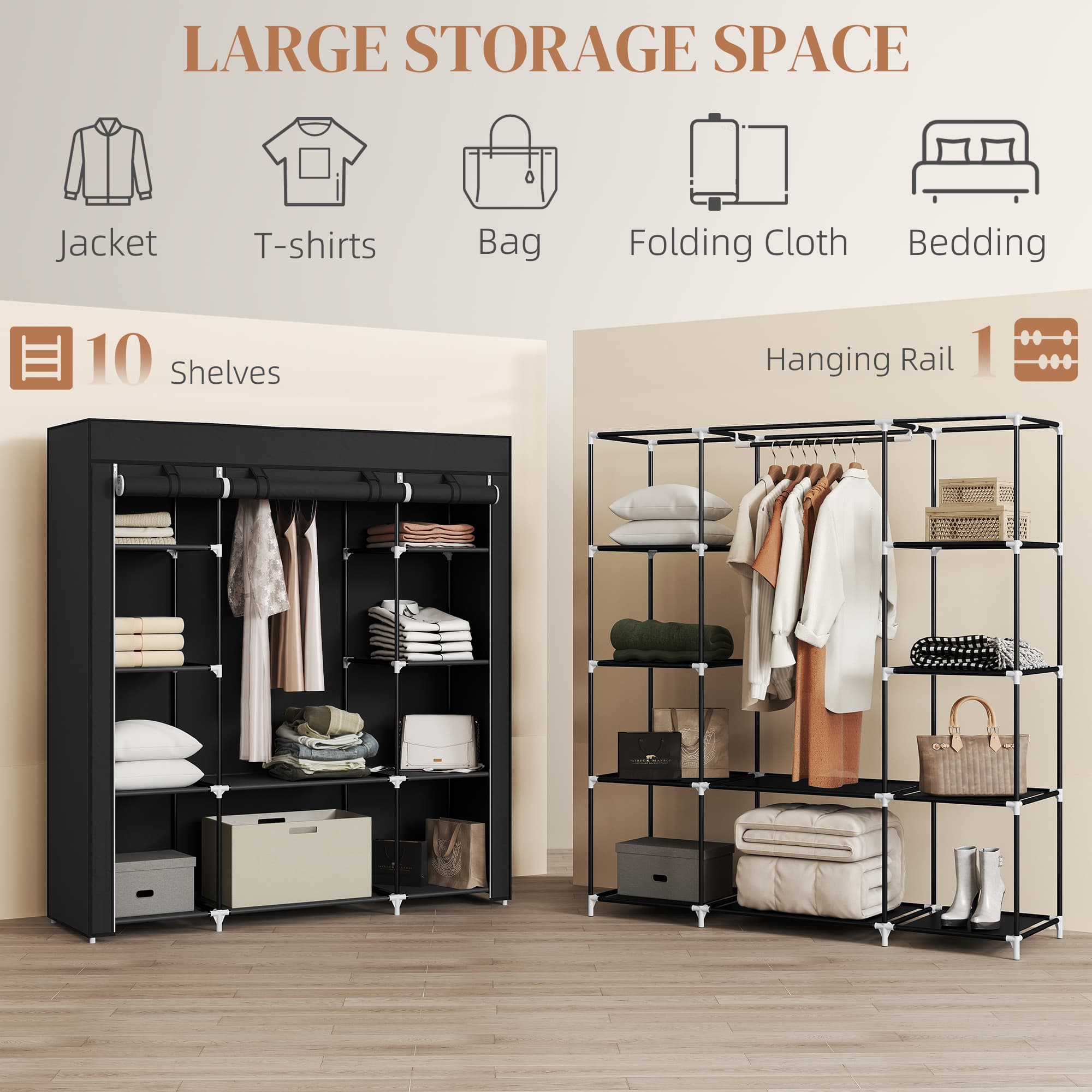 Freestanding Black Fabric Wardrobe for Bedrooms Without Built-In Space - image 10
