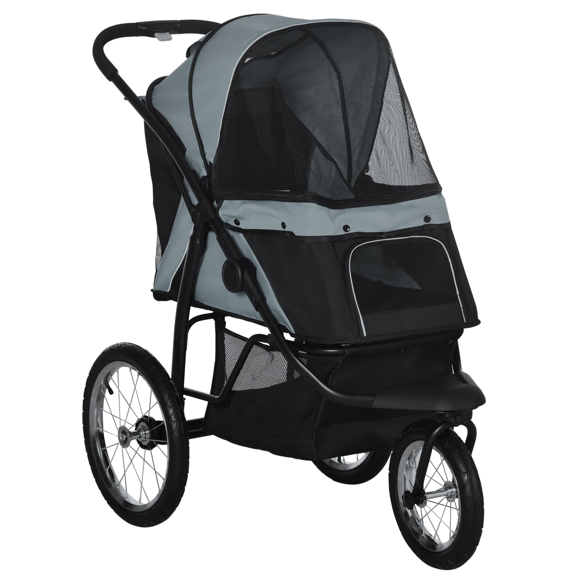 Three-wheel pet stroller in grey with mesh cabin and adjustable canopy, folded flat and open