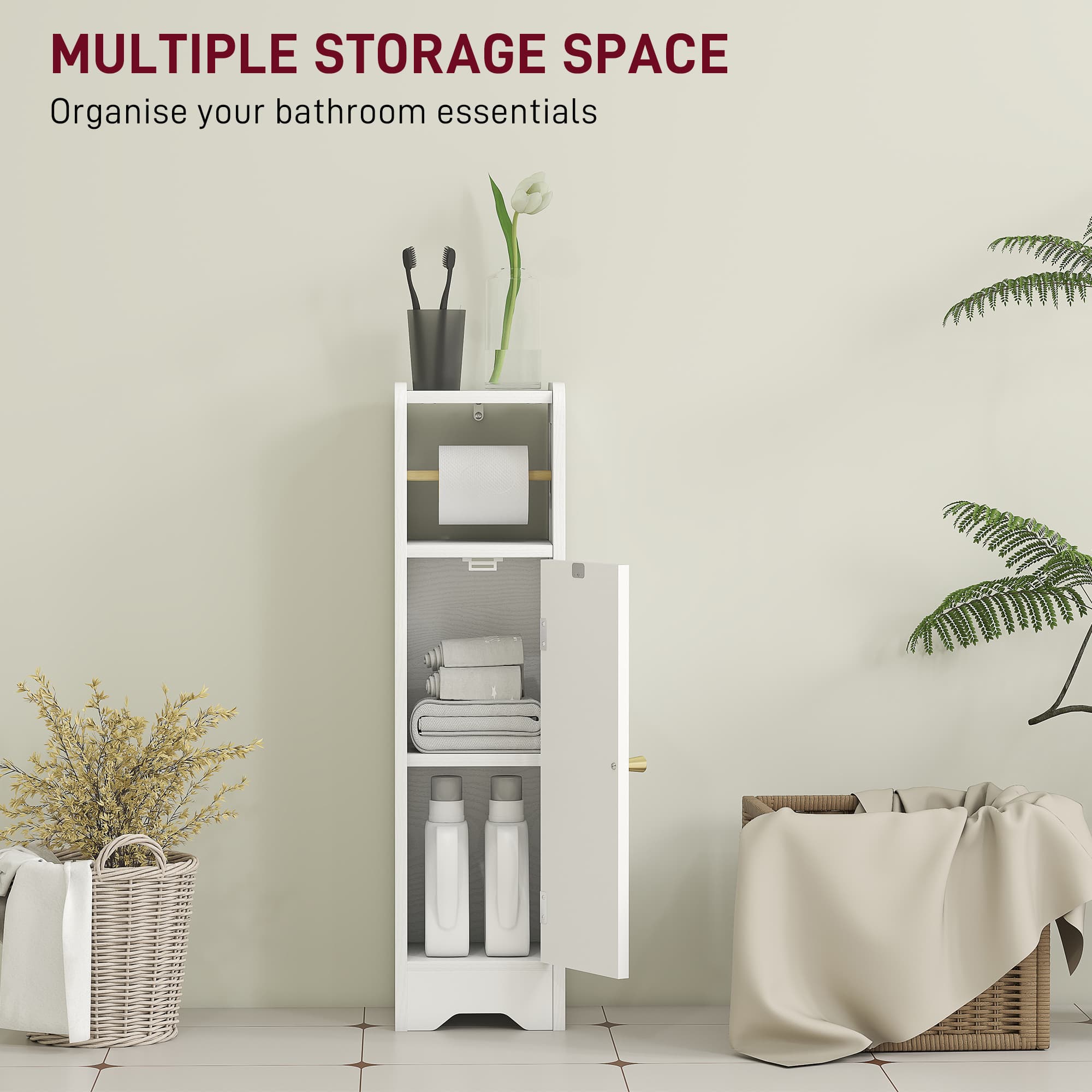 Slim White Bathroom Cabinet with Roll Holder - image 4