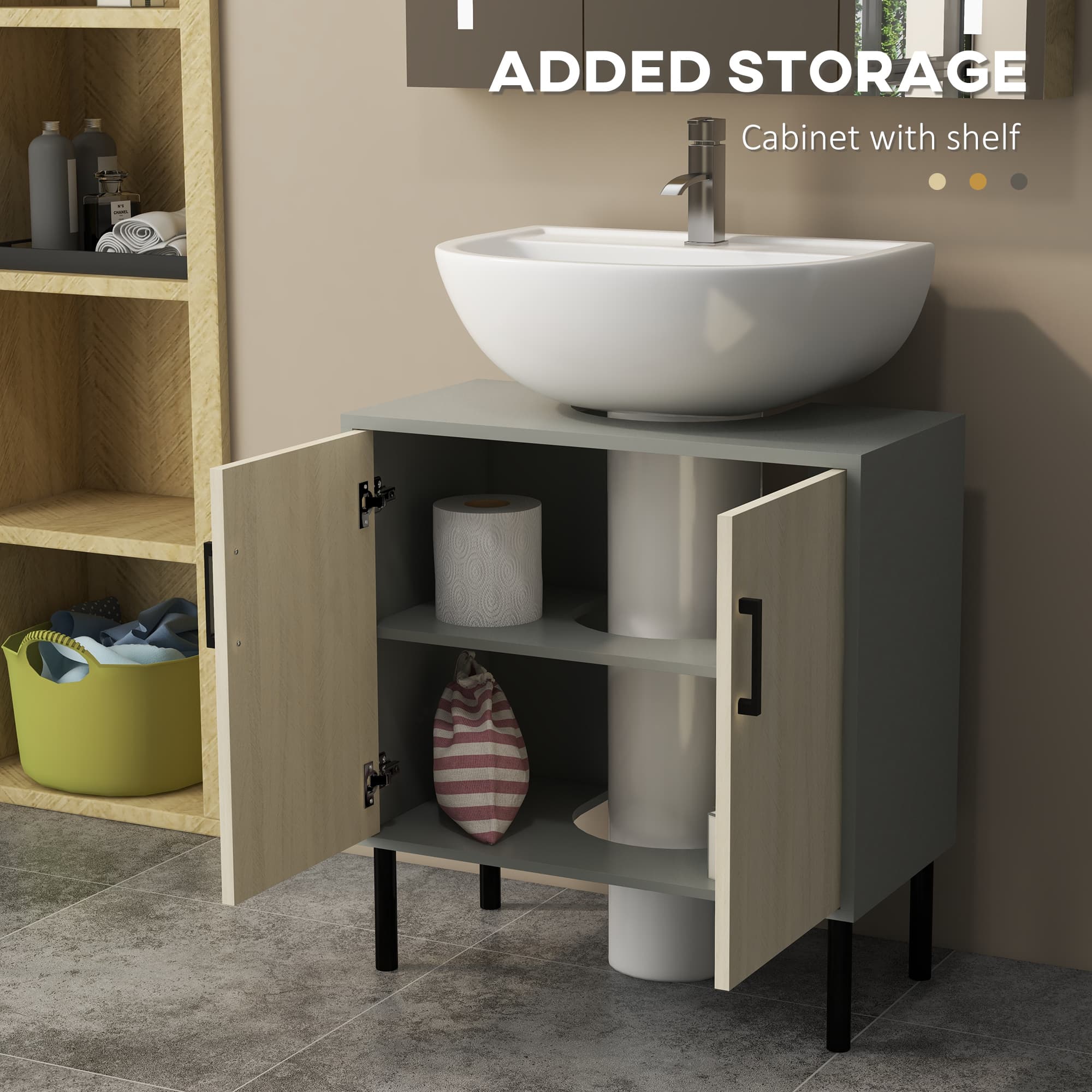 Grey and oak under sink cabinet for bathroom storage - image 5
