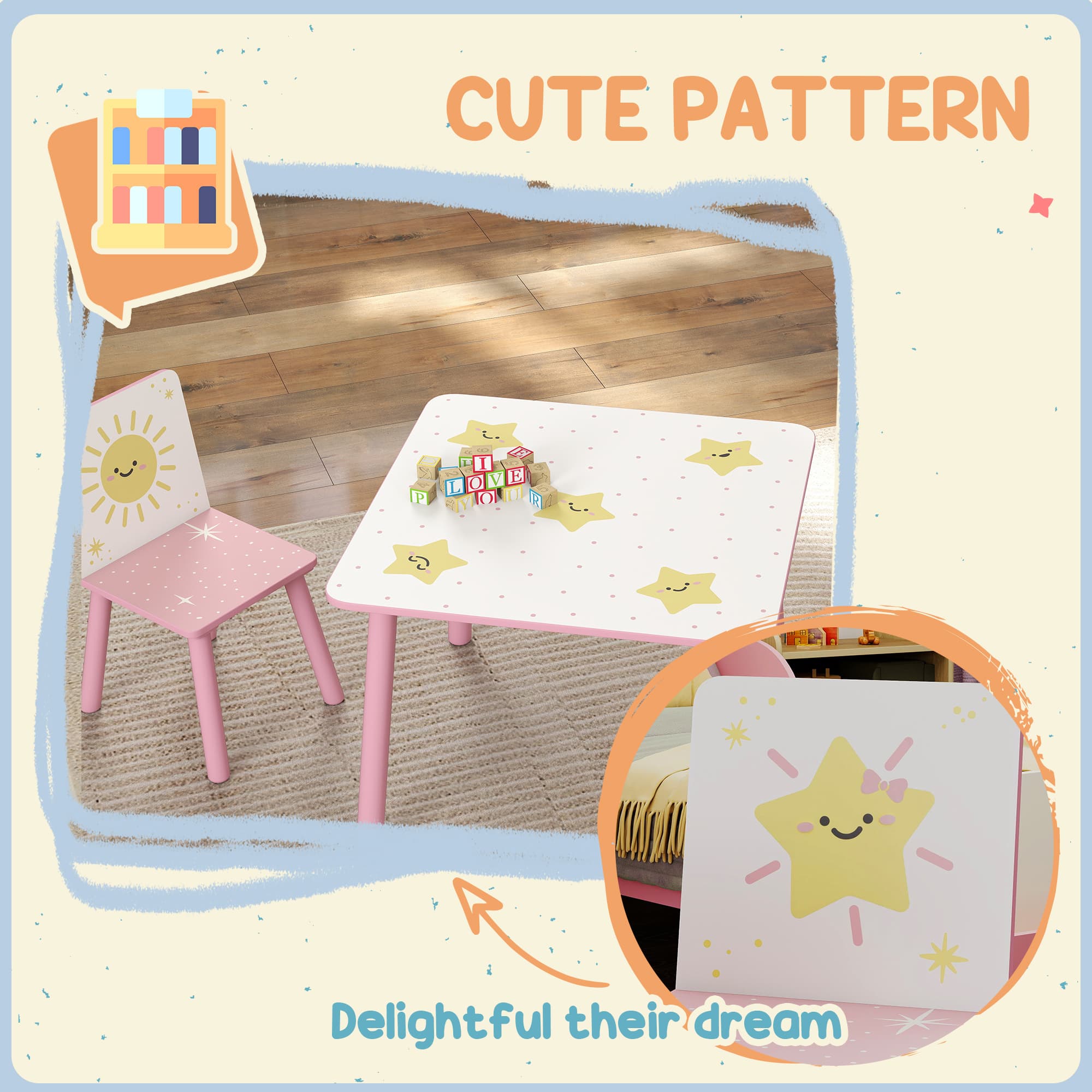 3-Piece Pink Children's Table and Chair Set with Star and Sun Motifs - image 7