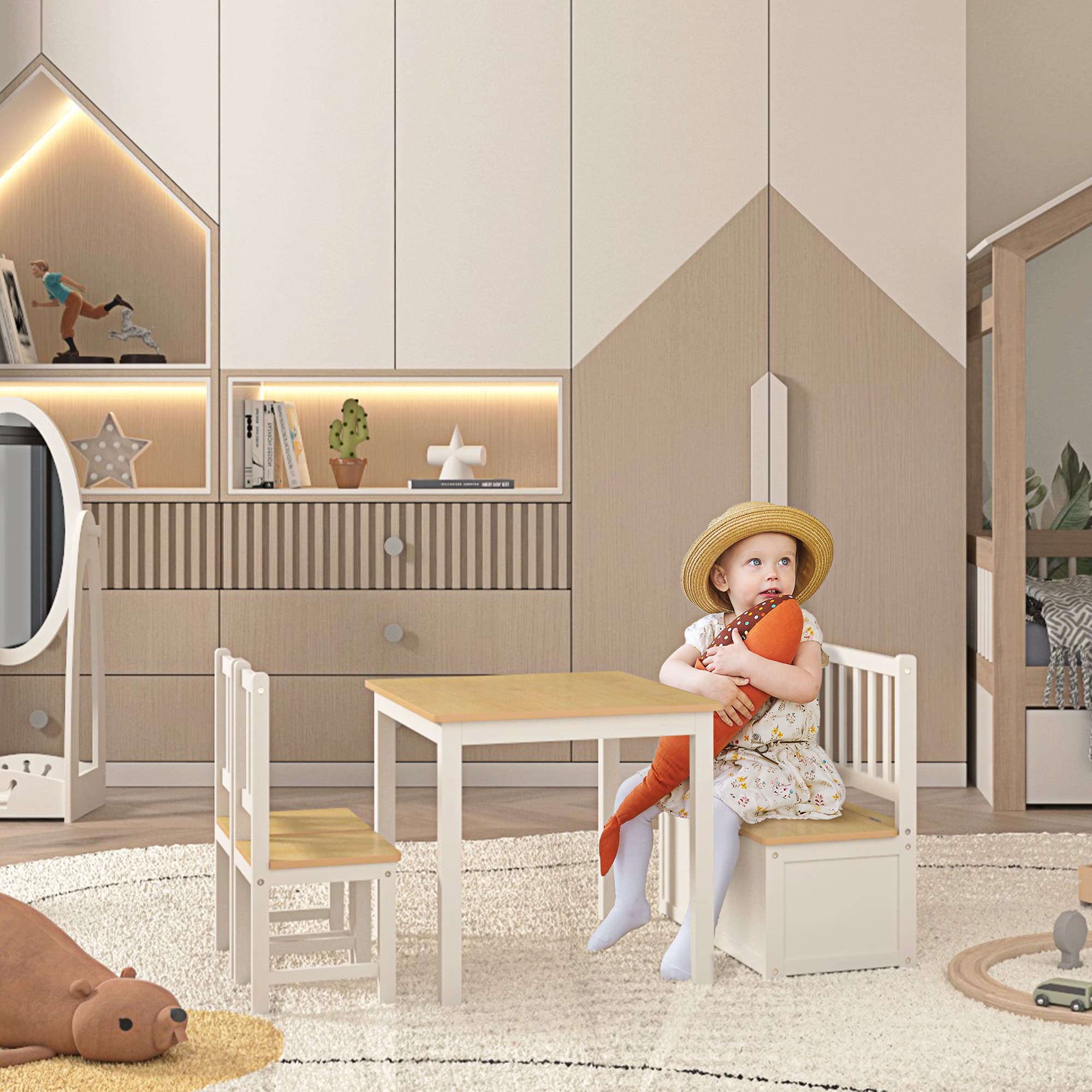 Kids 4-Piece Wooden Table Set with Clever Bench Storage - image 5