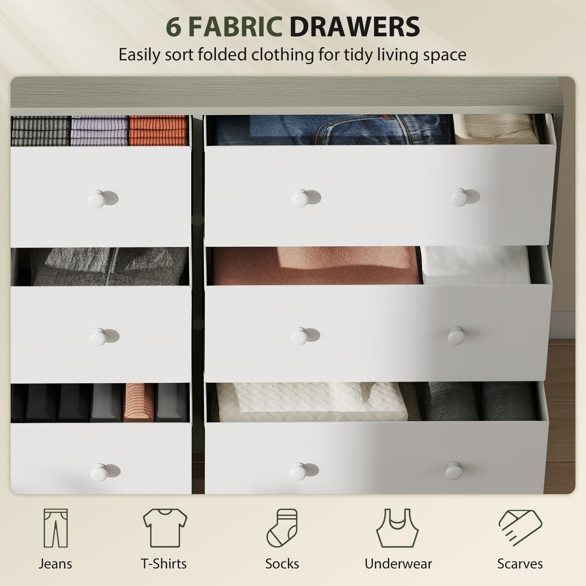 Effortless Storage: 6-Drawer White & Grey Fabric Dresser - image 5