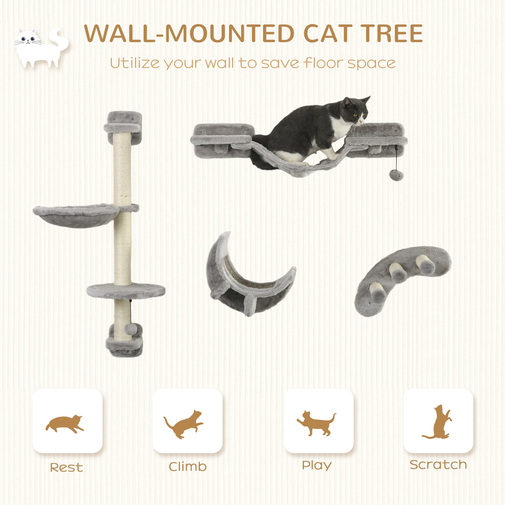 Elevate Their Playtime: PawHut Grey Cat Wall Furniture - image 1