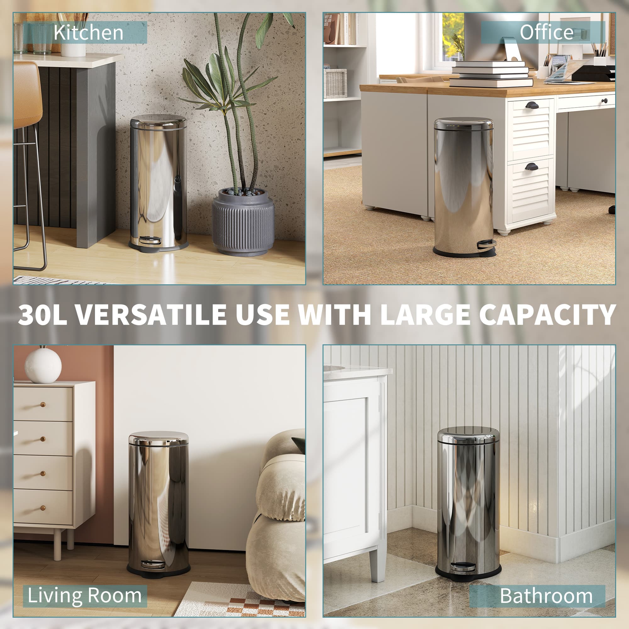 30L Stainless Steel Pedal Bin with Soft-Close Lid and Removable Bucket - image 8