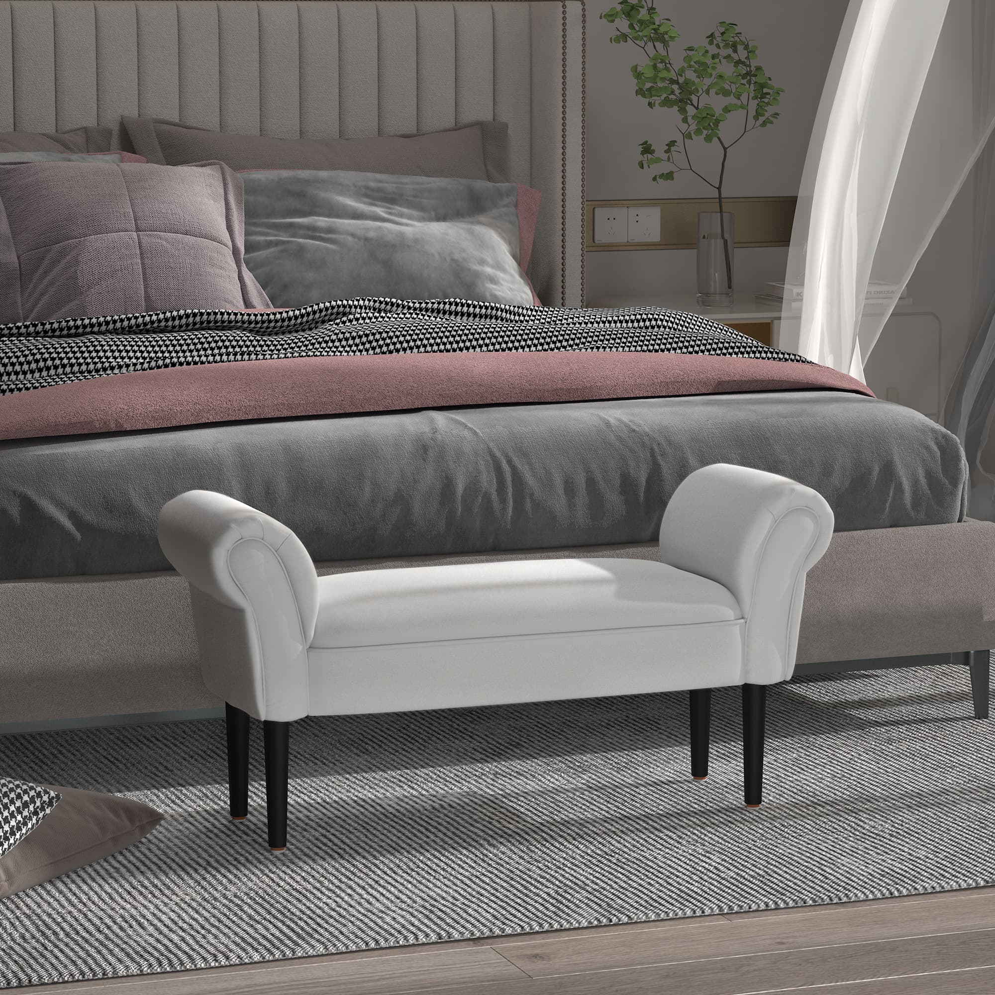 Modern Greyish White Upholstered Window Seat Bench - image 4