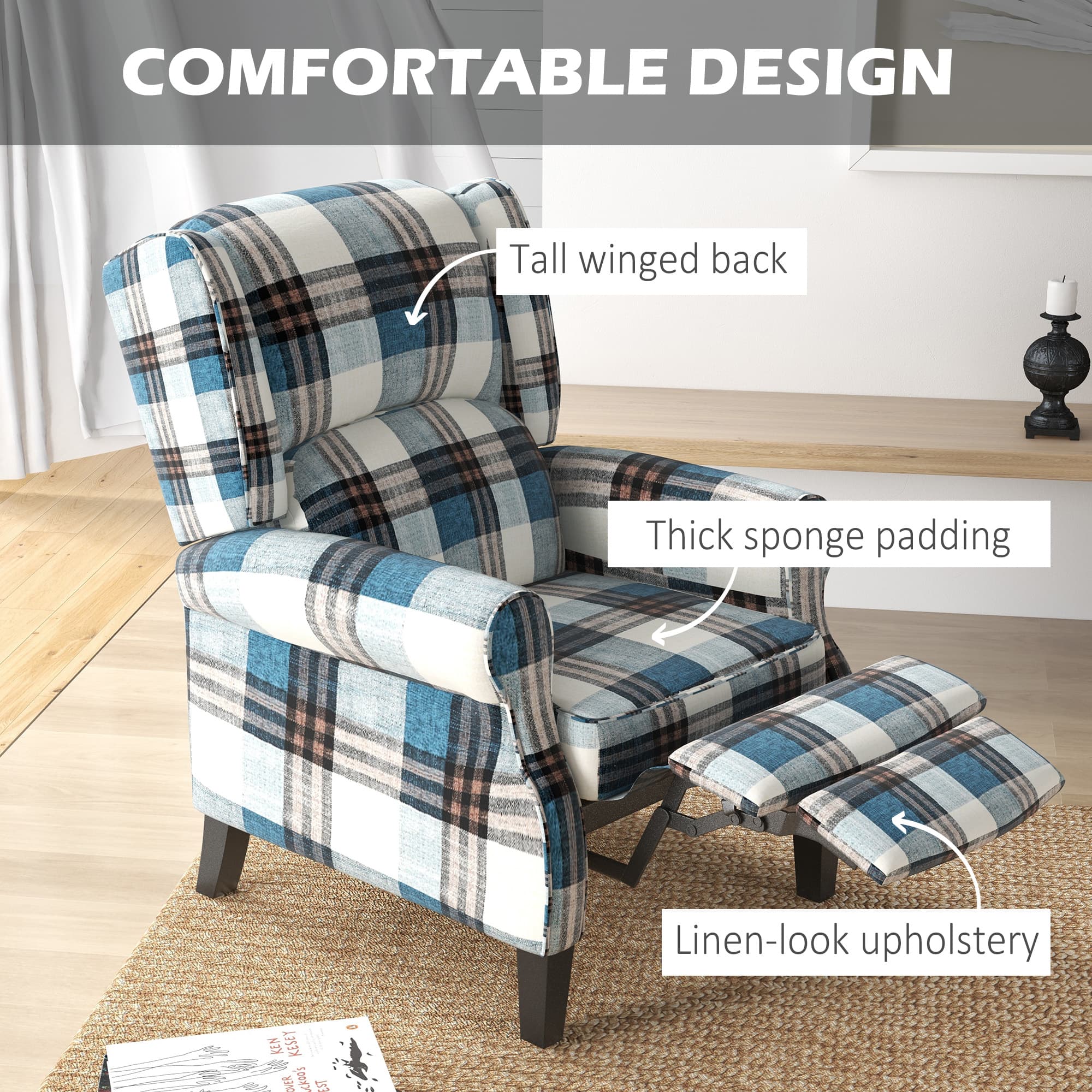 Effortless Comfort: Blue Checked Wingback Recliner Chair - image 5