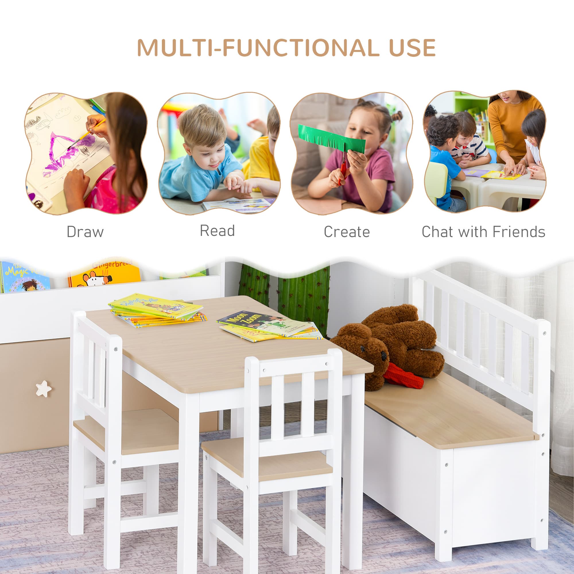 Kids 4-Piece Wooden Table Set with Clever Bench Storage - image 1