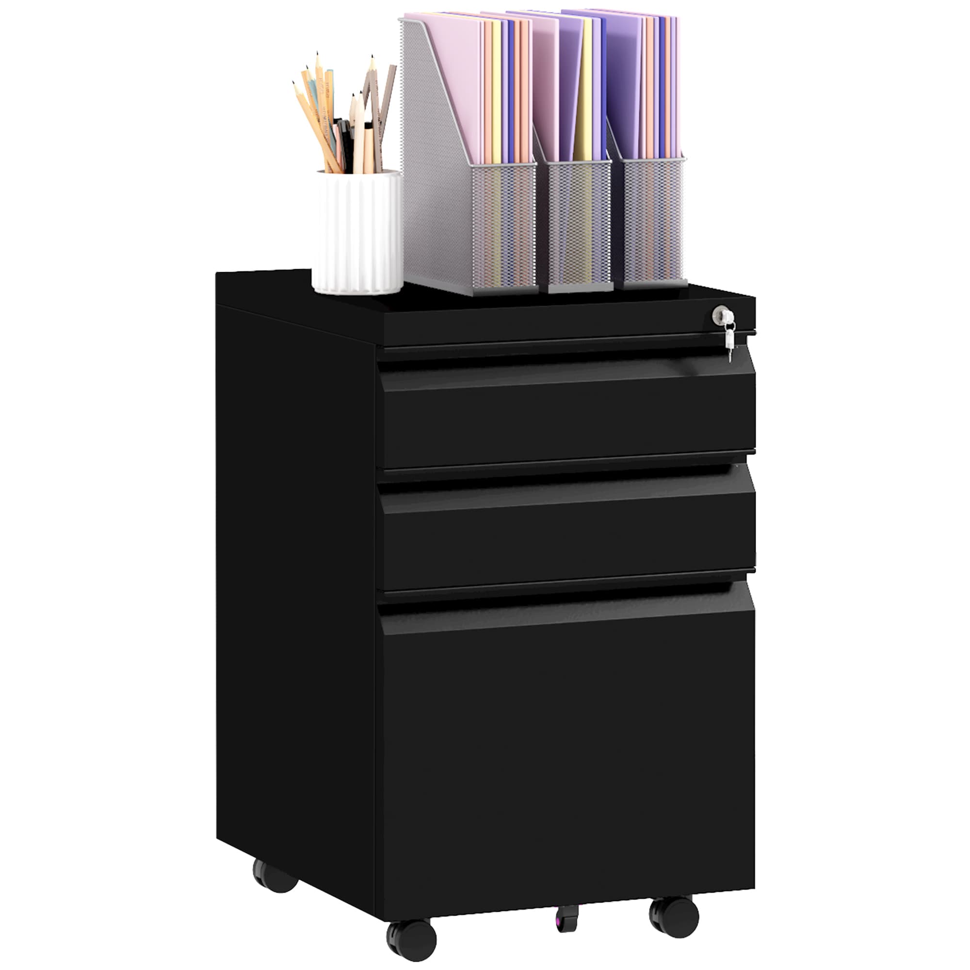 Vinsetto Secure 3-Drawer Mobile Steel Filing Cabinet - Black