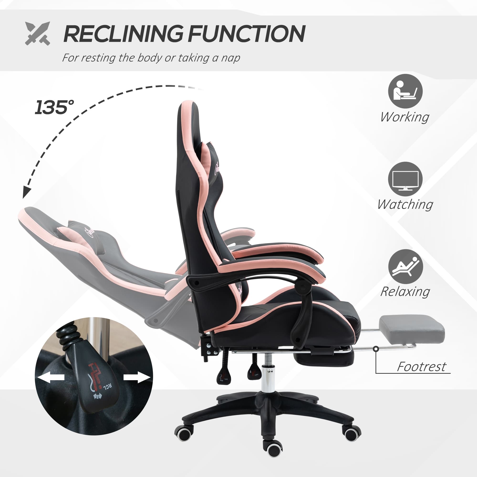 Gaming Chair with Footrest and Lumbar Support, Black & Pink - image 6