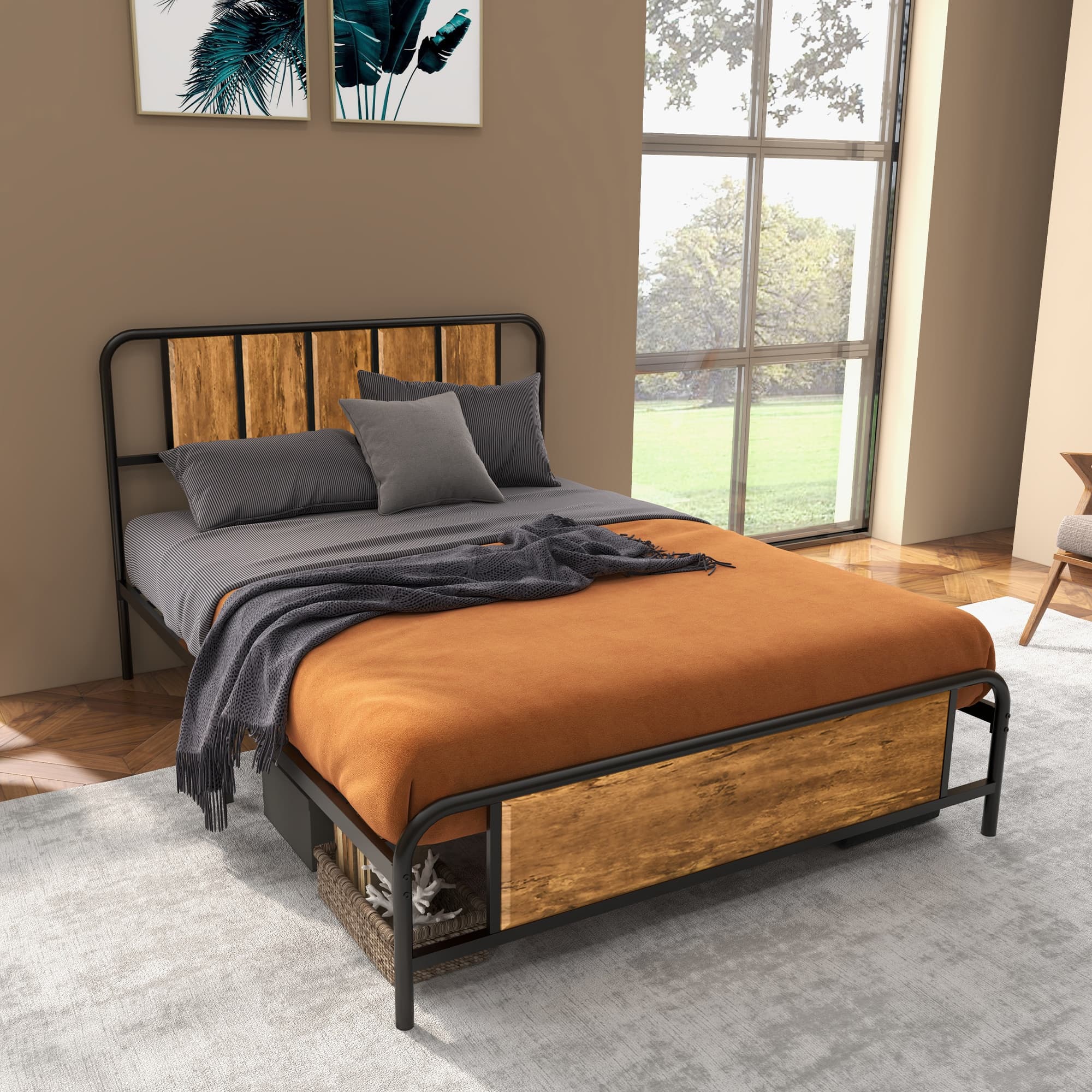 Rustic Industrial Double Bed Frame with Underbed Storage - image 1