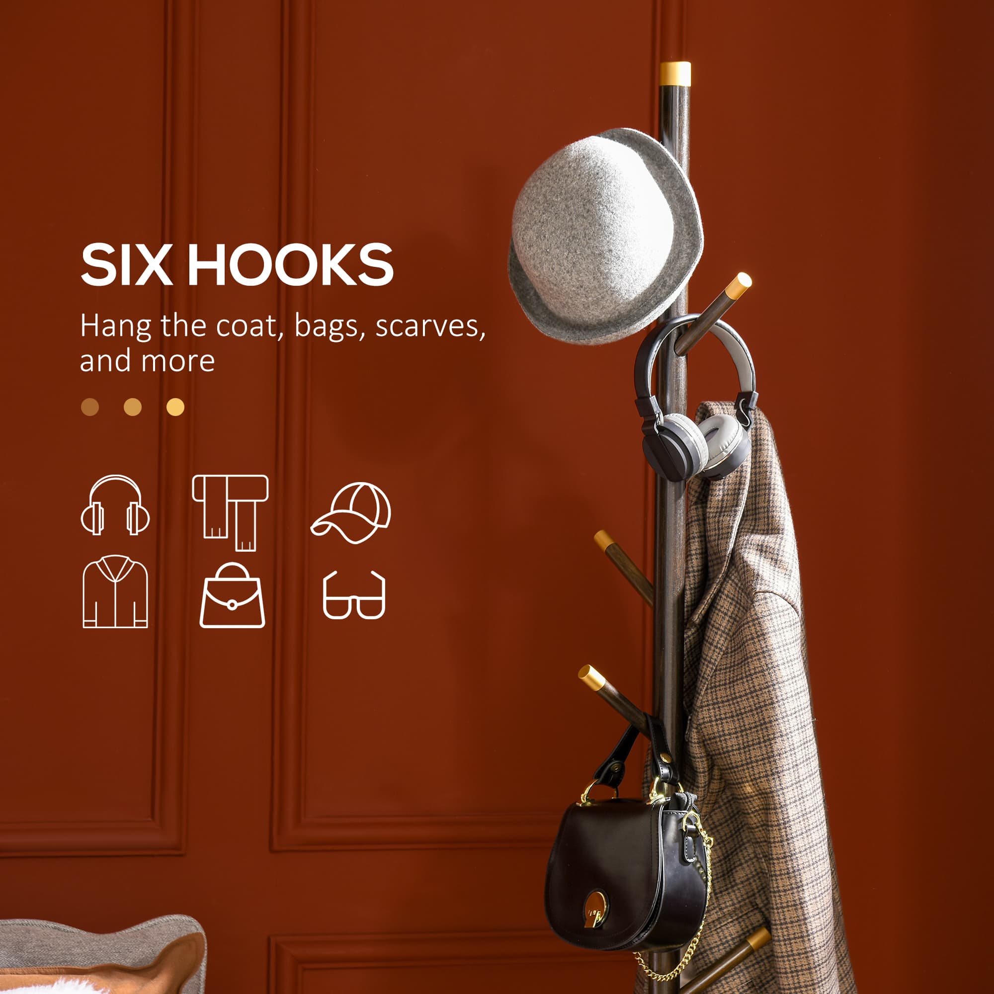 Freestanding walnut coat rack with six hooks - image 4