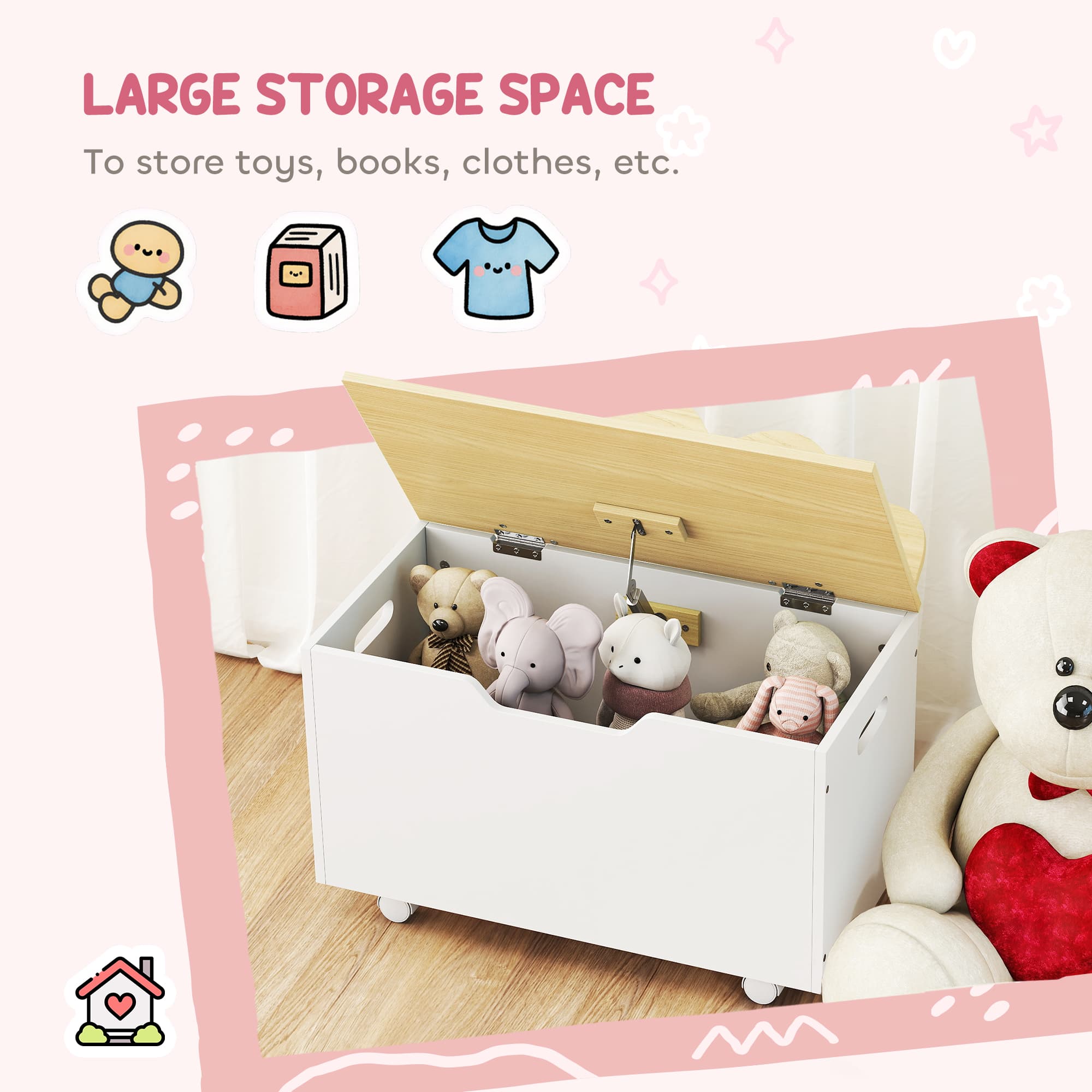 White Rolling Toy Box with Gentle-Close Safety Hinge - image 9