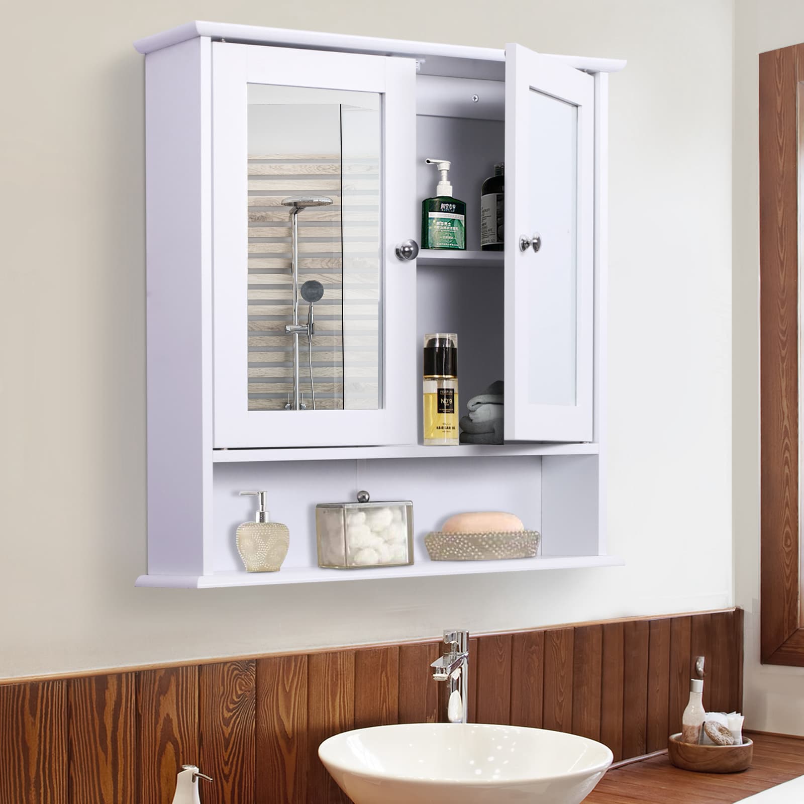 Double Door Bathroom Mirror Cabinet With Open Shelf - image 7