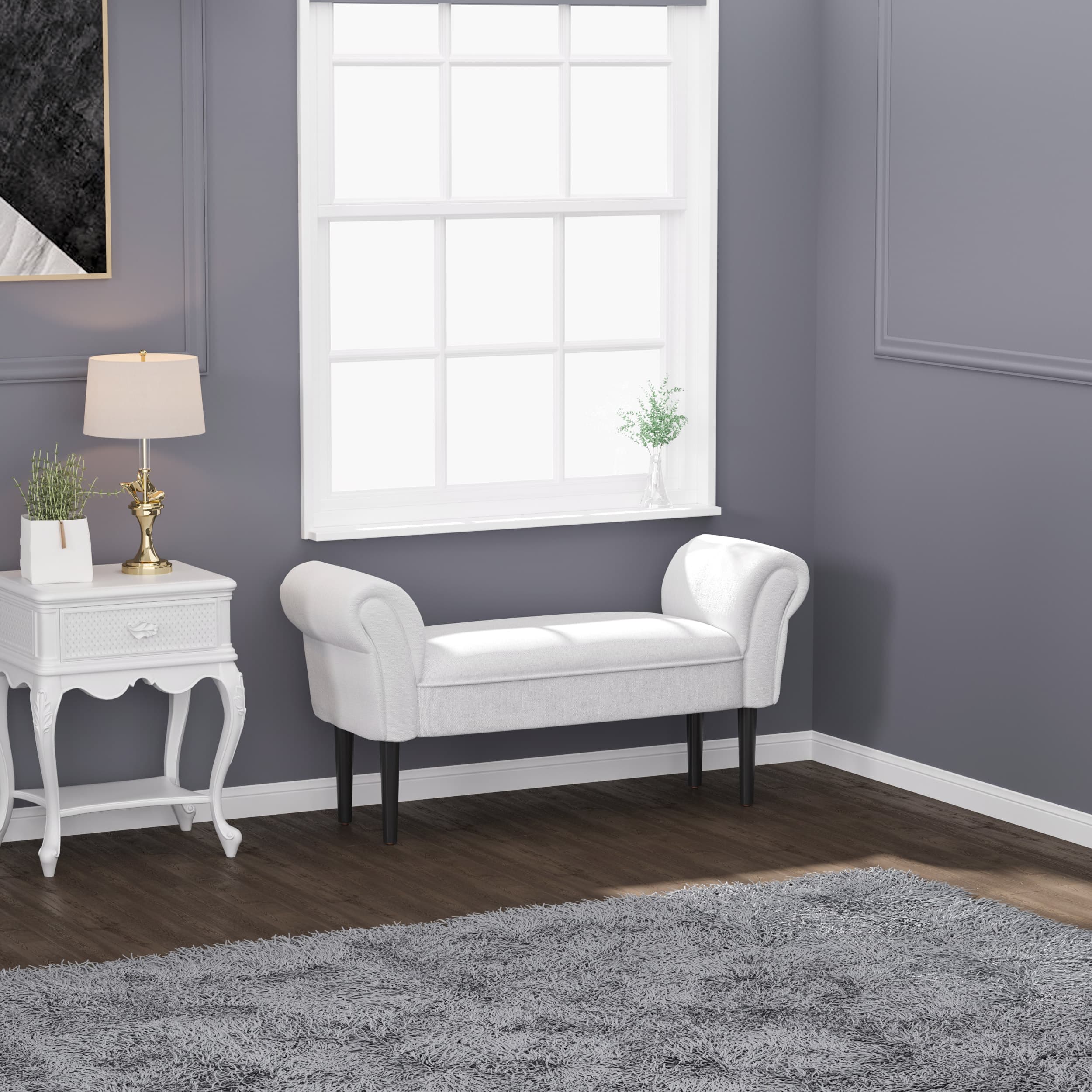 Modern Greyish White Upholstered Window Seat Bench - image 3