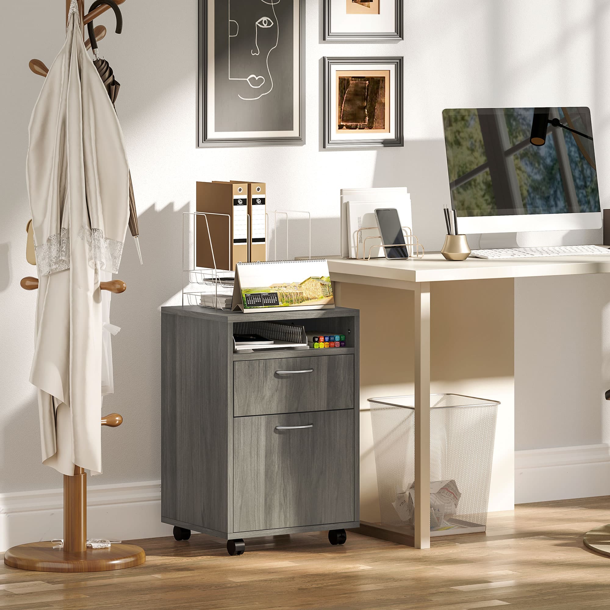 Grey Mobile Filing Cabinet with Drawers and Wheeled Base - image 10