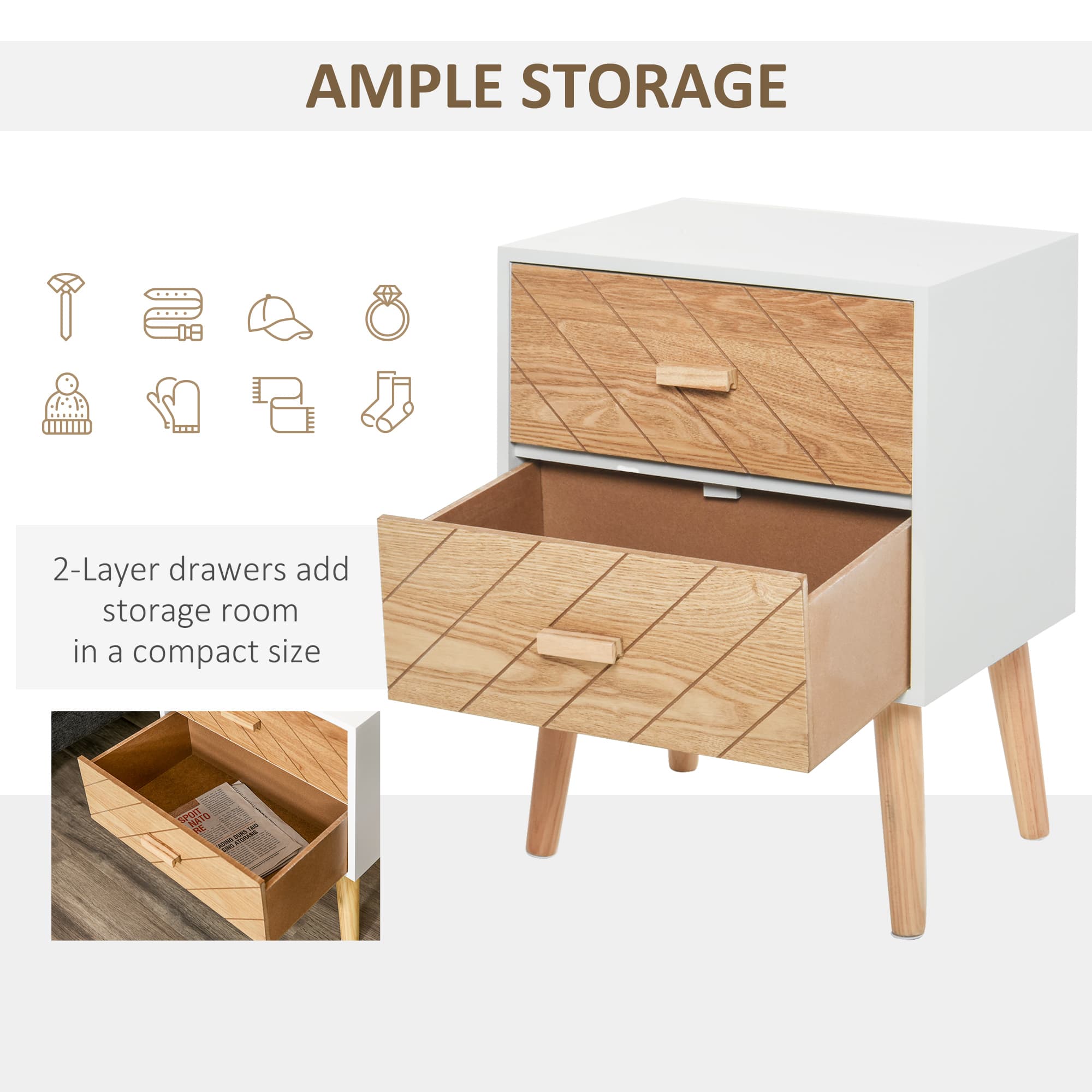 Scandi Bedside Table With Herringbone Drawer Fronts - image 9