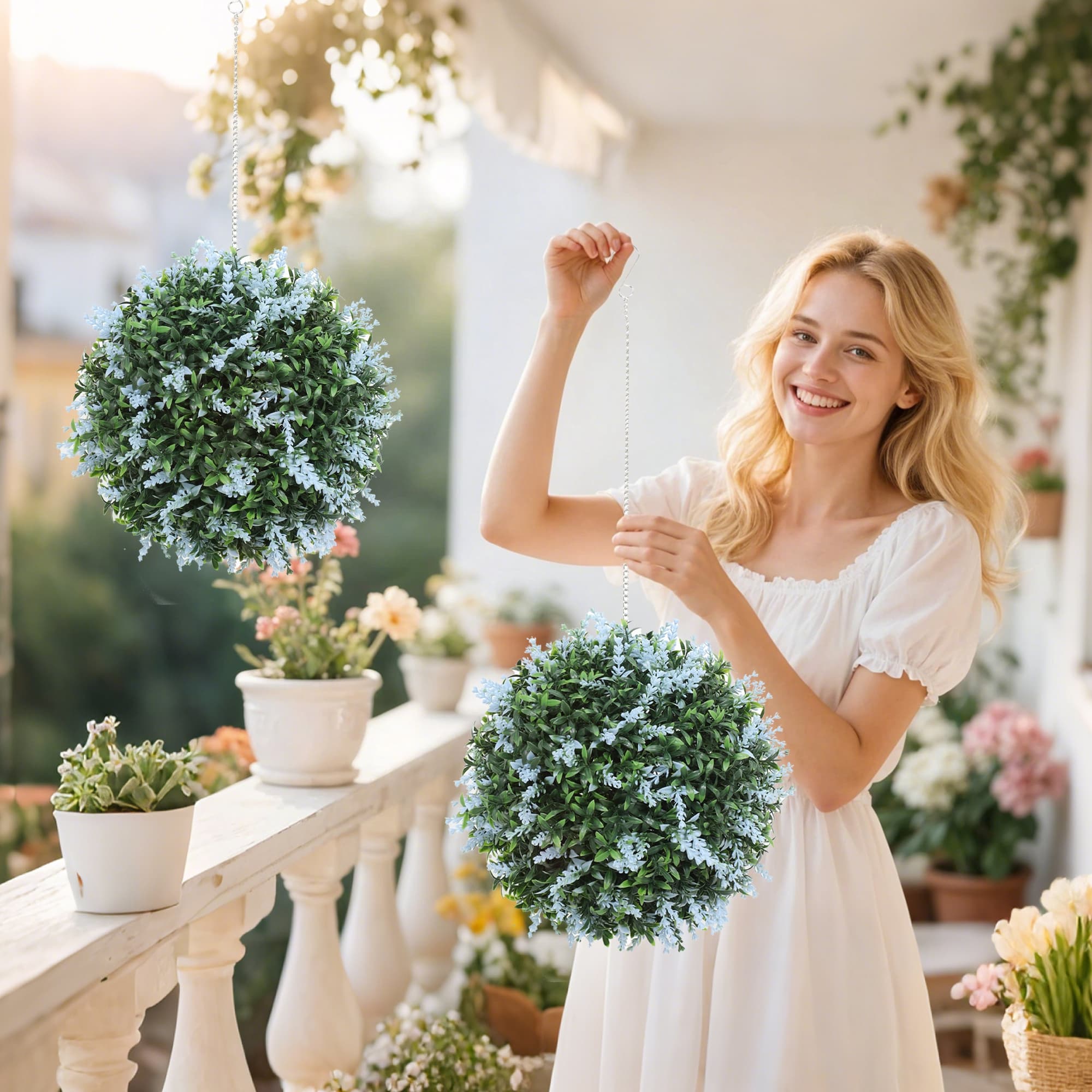 Pair of Artificial Blue-Flowered Topiary Balls with Hanging Chain - image 9