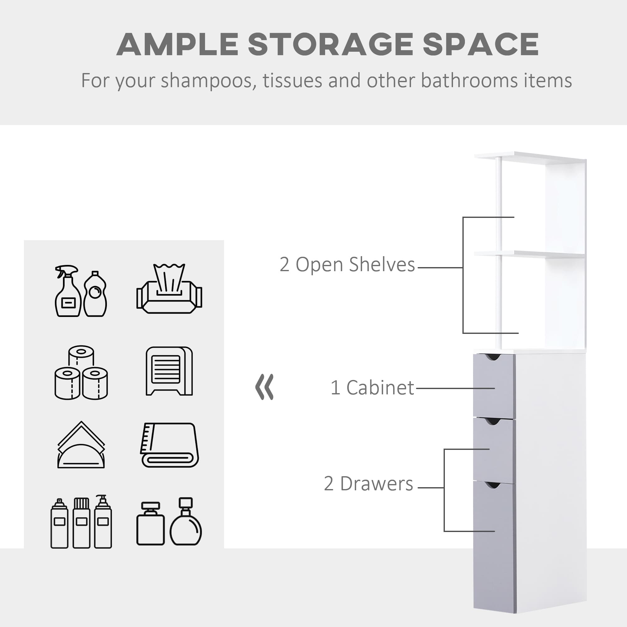 Narrow Bathroom Storage Tower with Open Shelves and Drawers - image 6