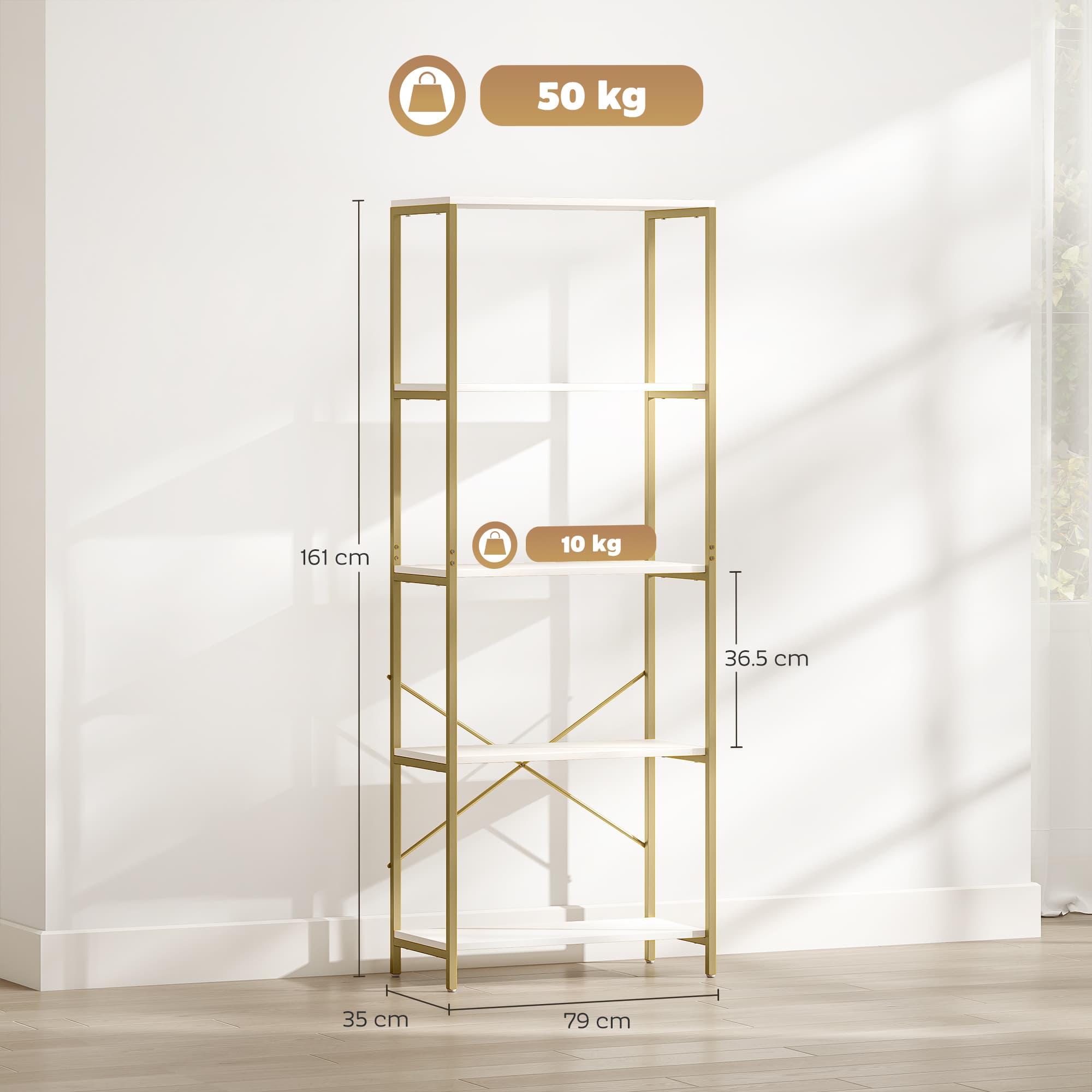 Modern White & Gold 5-Tier Bookshelf for Effortless Storage - image 2