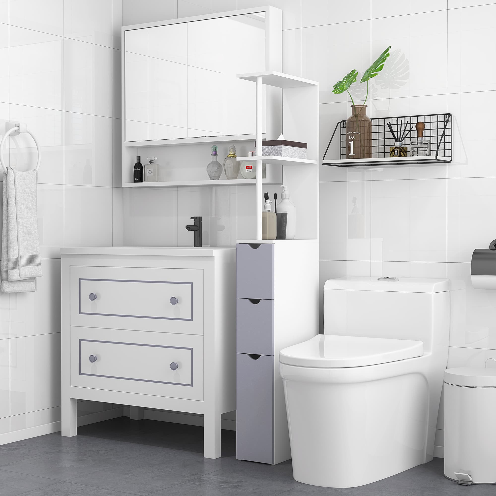 Narrow Bathroom Storage Tower with Open Shelves and Drawers - image 7