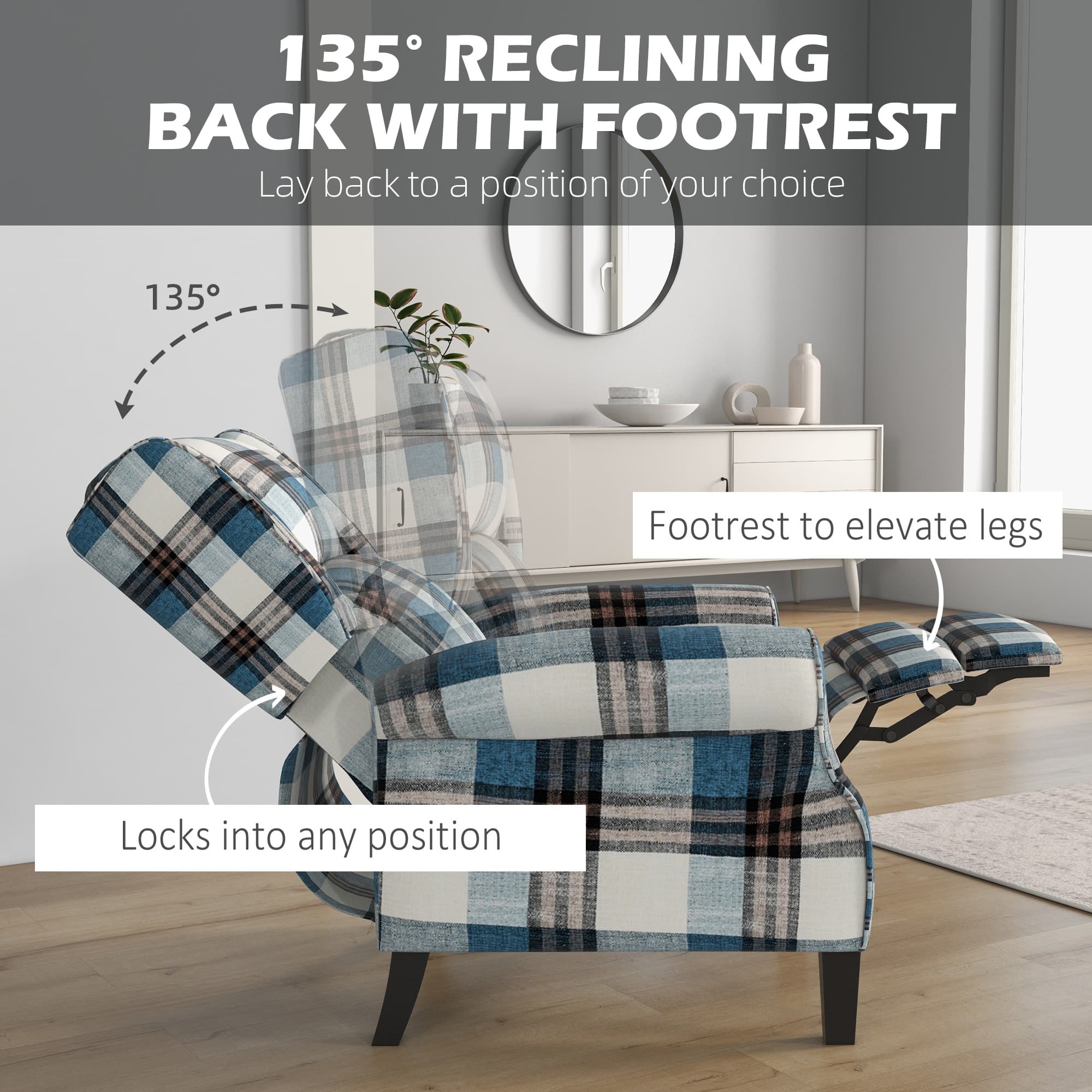 Effortless Comfort: Blue Checked Wingback Recliner Chair - image 2