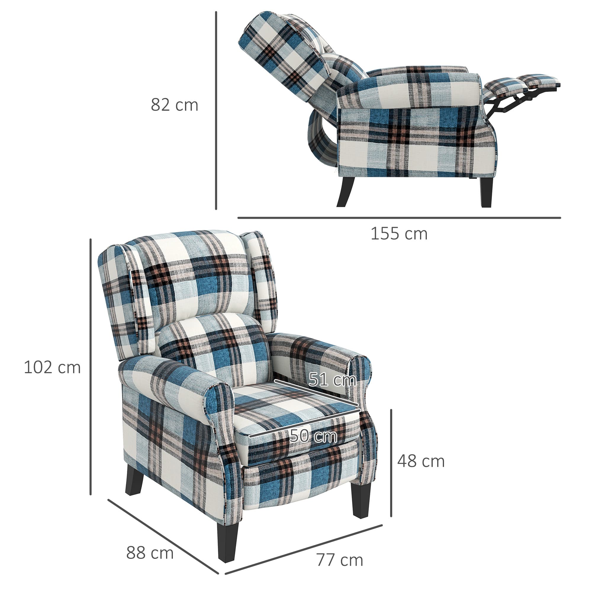 Effortless Comfort: Blue Checked Wingback Recliner Chair - image 4