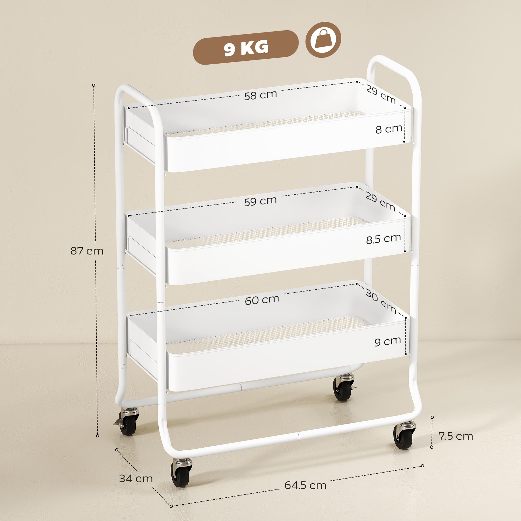 White 3-Tier Rolling Storage Trolley — Kitchen, Bathroom or Bedroom - image 6