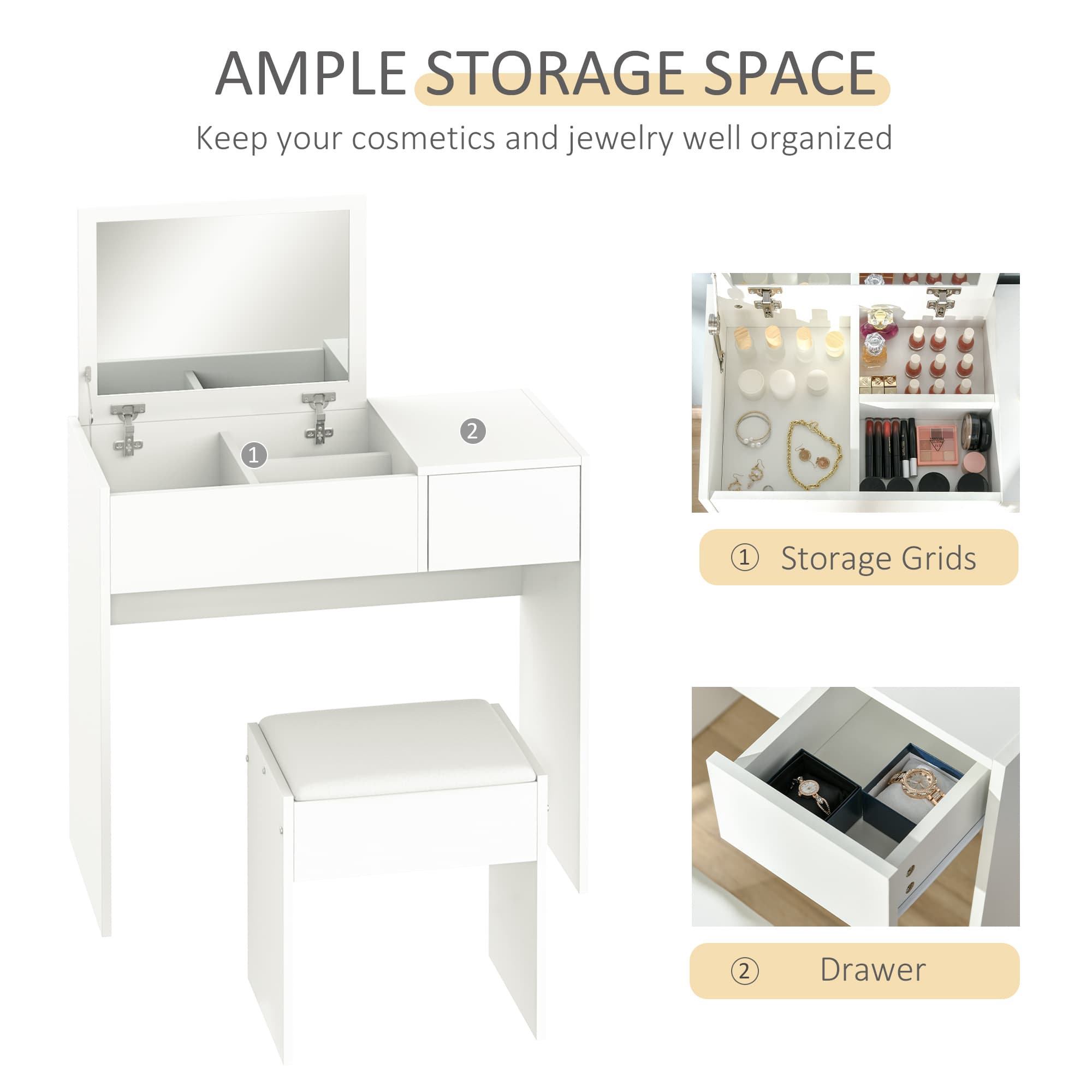 Elegant White Vanity Table Set with Concealed Flip-Up Mirror - image 3