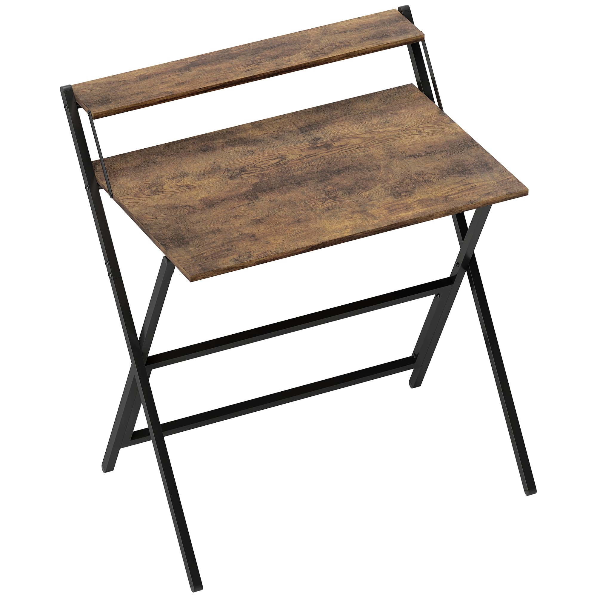 Space-Saving Folding Computer Desk with Monitor Shelf - Rustic Brown