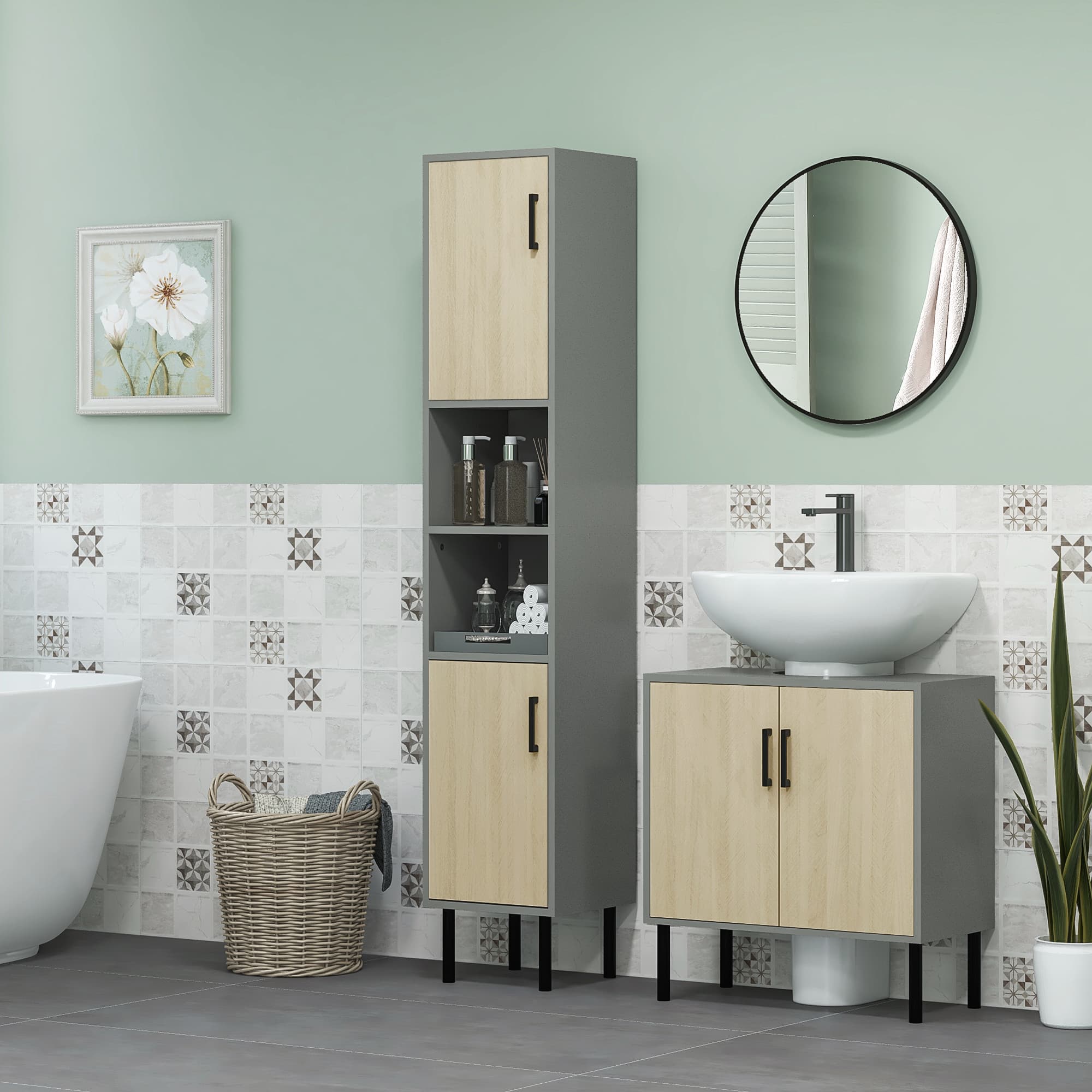 Grey and oak under sink cabinet for bathroom storage - image 1
