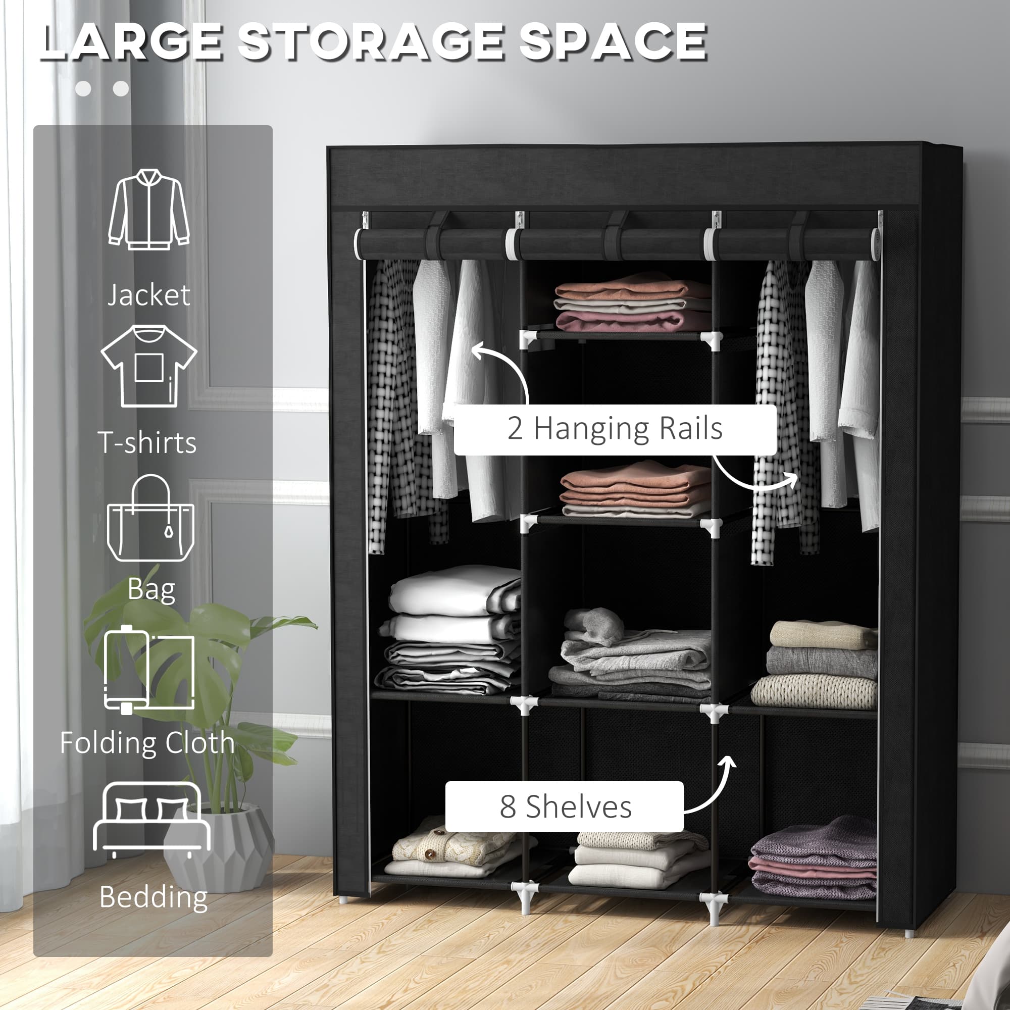 Black fabric wardrobe for organised clothes storage - image 9