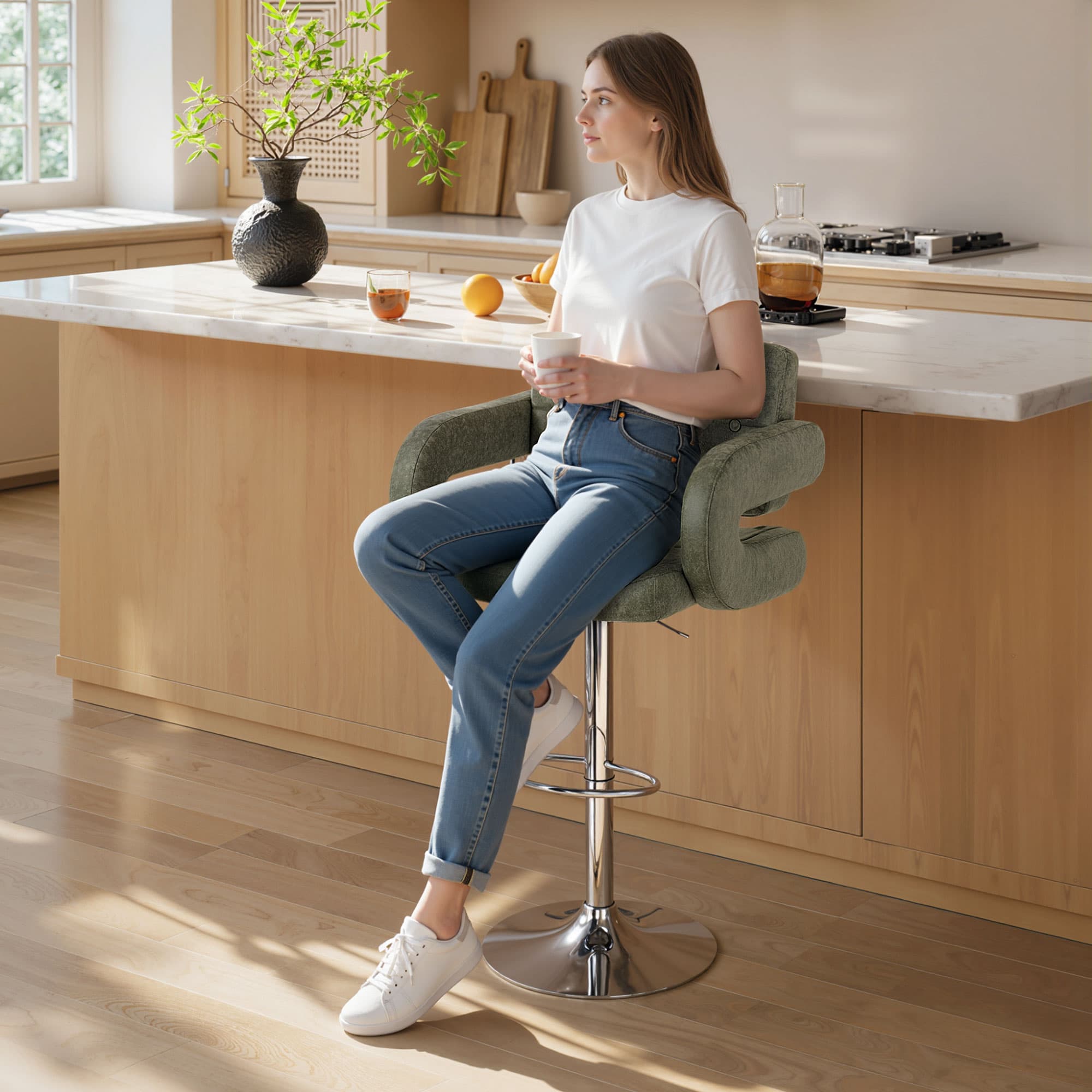 Premium Green Tufted Swivel Bar Stool with Armrests - image 4